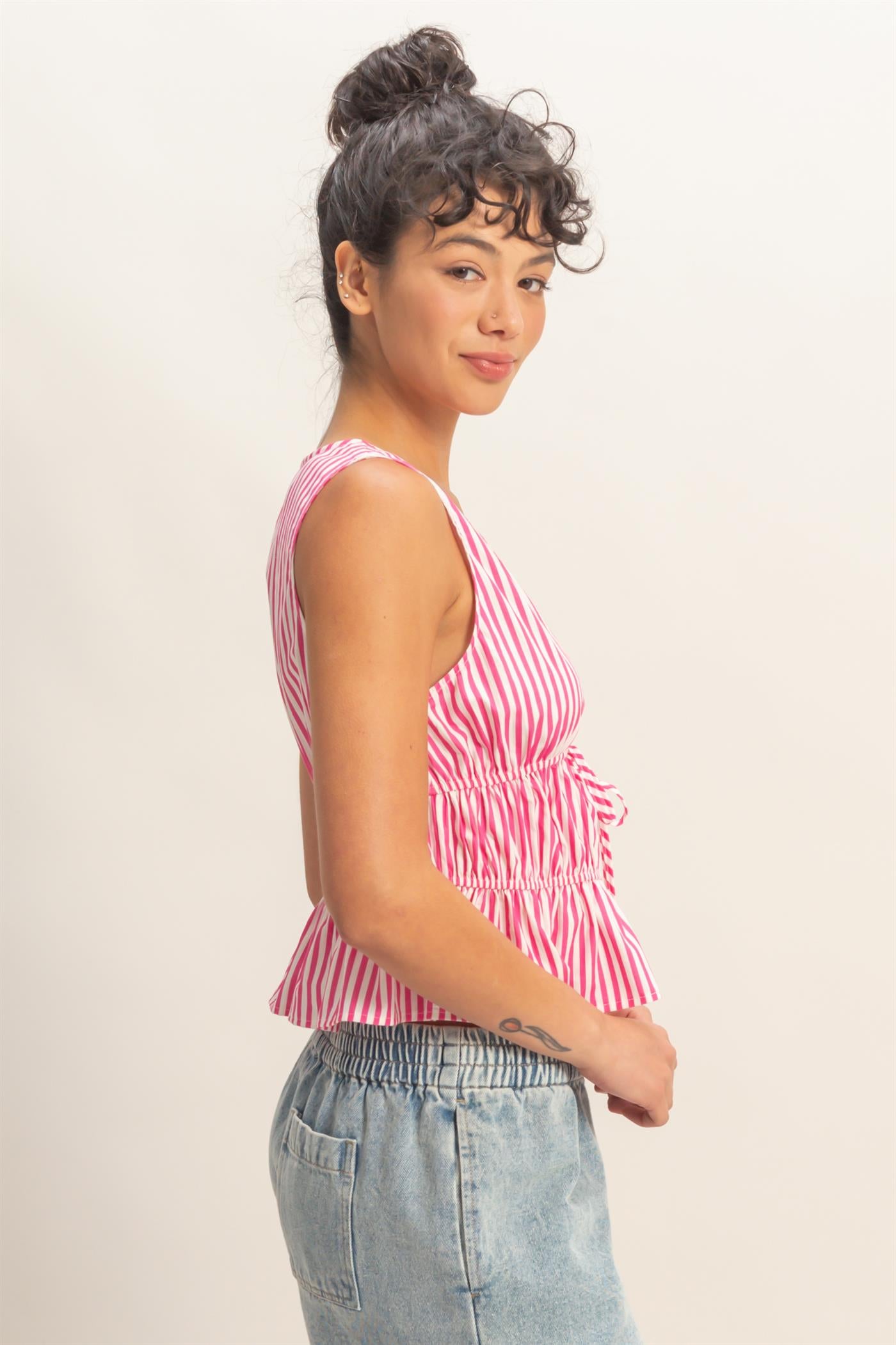 Wholesale Striped Tie Front Peplum Sleeveless Top Clothing Tops DZ26C534 PINK DOUBLE ZERO