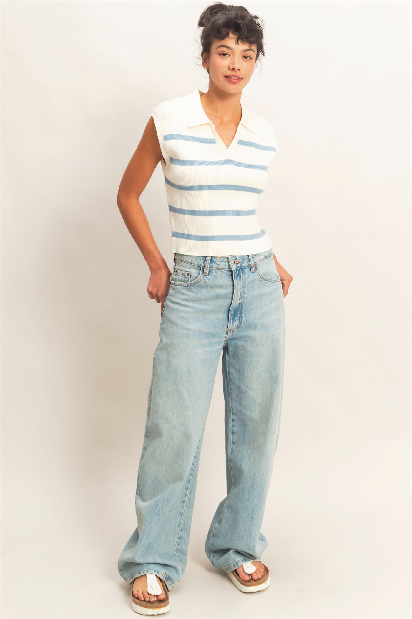 Wholesale Collared Striped Polo Vest Clothing Tops DZ26A337 BABY BLUE DOUBLE ZERO