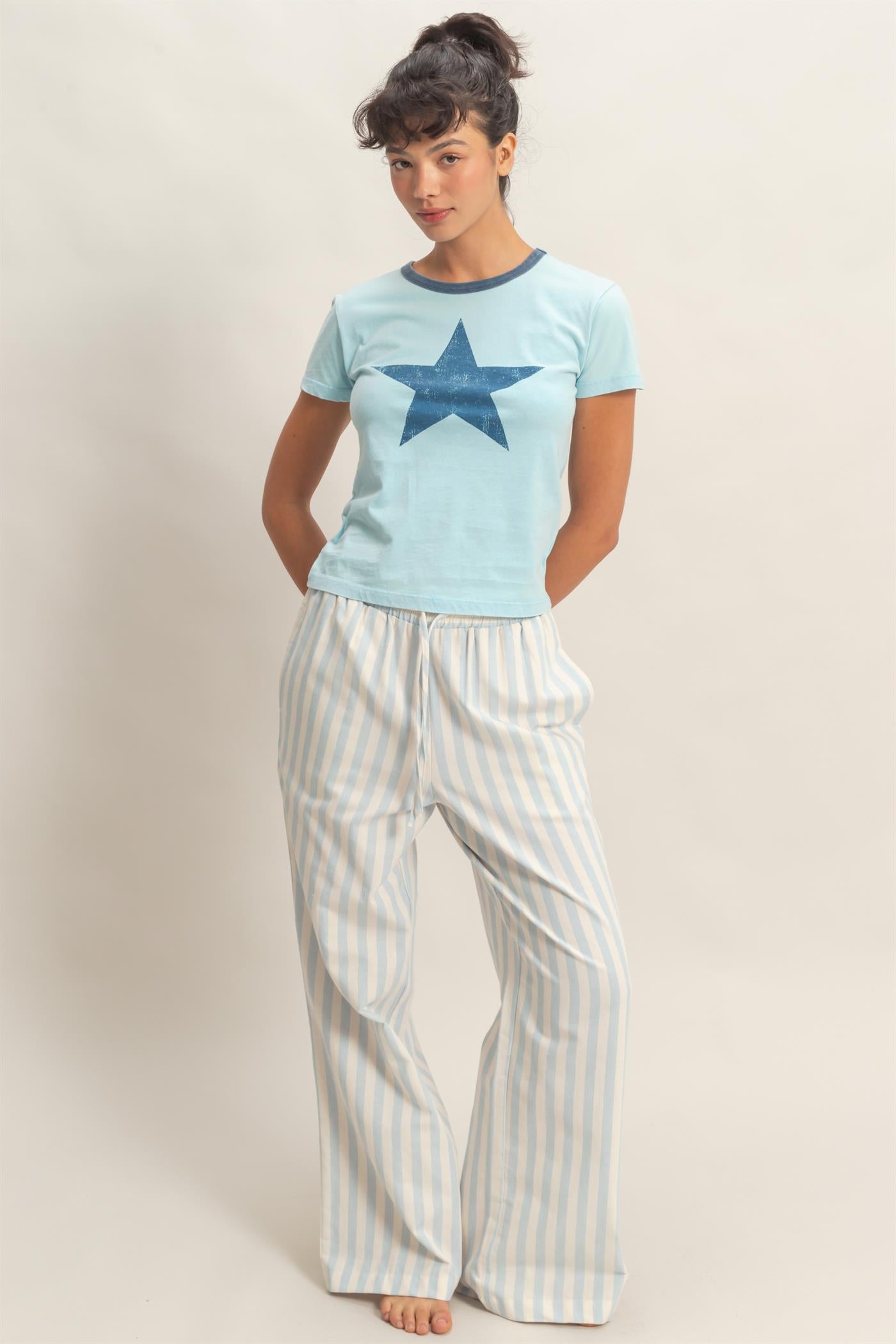 Wholesale Star Graphic Crew Neck T-Shirt T-Shirts DZ26C695 BLUE DOUBLE ZERO