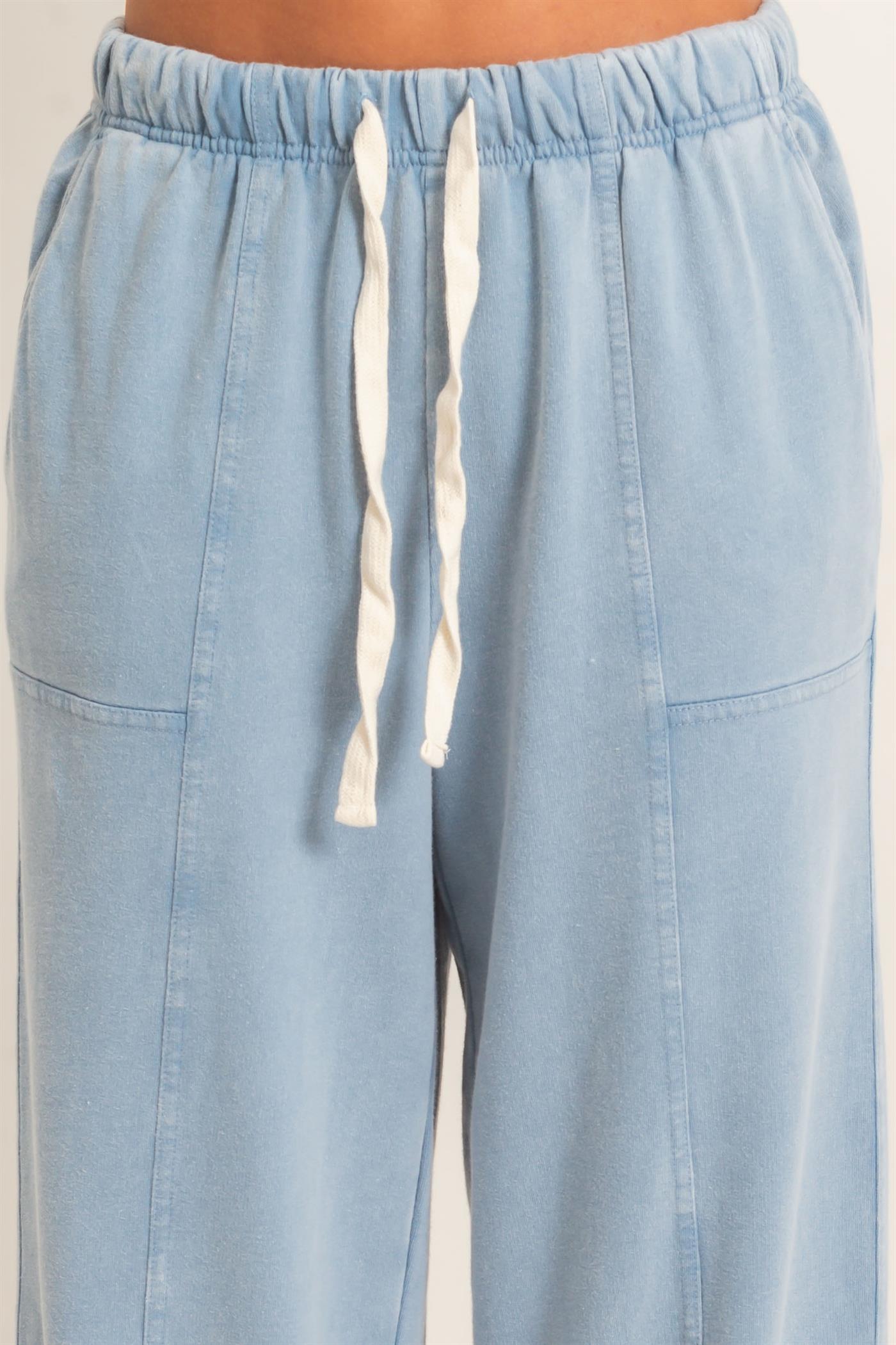 Wholesale Acid Wash Drawstring Waist Wide Leg Pants Pants DZ25A685 DUSTY BLUE DOUBLE ZERO