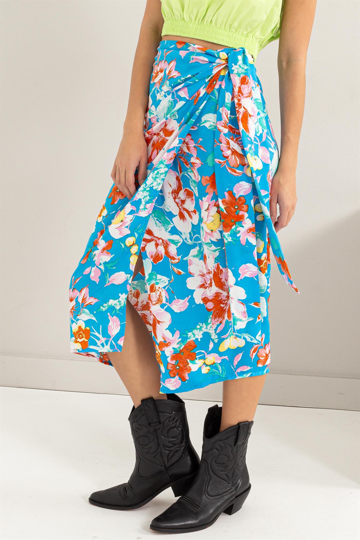 Wholesale Floral Print Wrap And Tie Skirt Skirts HF24A386 BLUE HYFVE