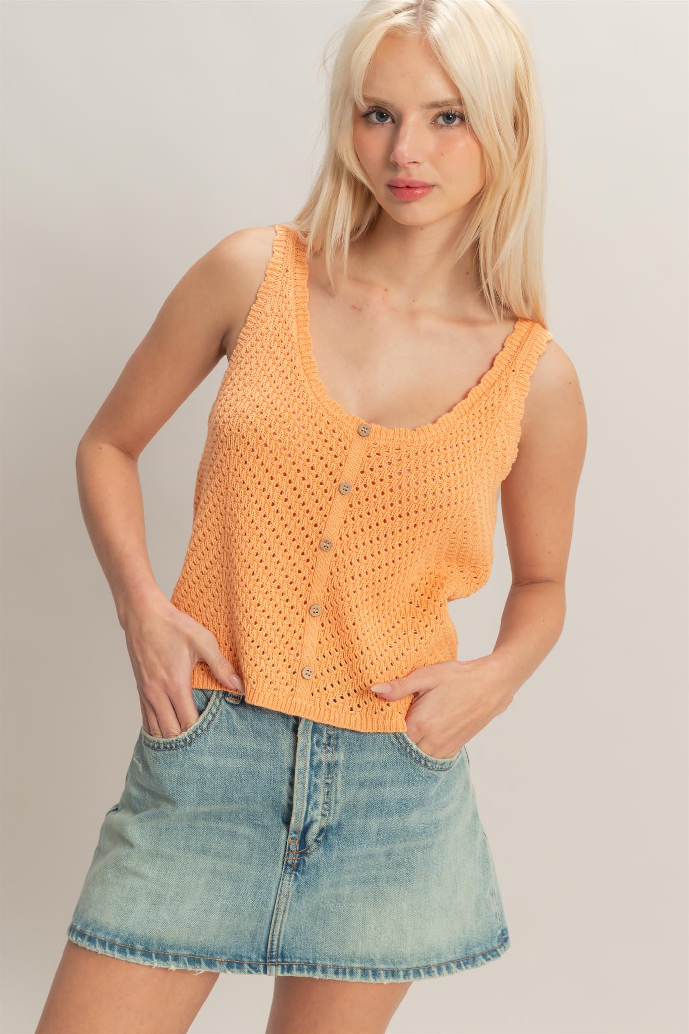 Wholesale Open Knit Scallop Edge Button Front Tank Top Tank Tops DZ26A221 APRICOT DOUBLE ZERO