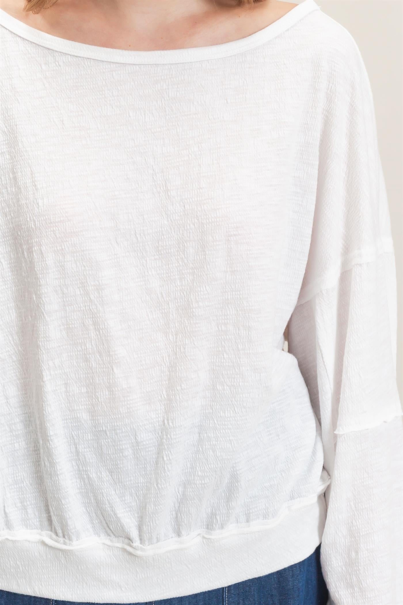 Wholesale Relaxed Boat Neck Long Sleeve Top Clothing Tops HF25F340 WHITE HYFVE