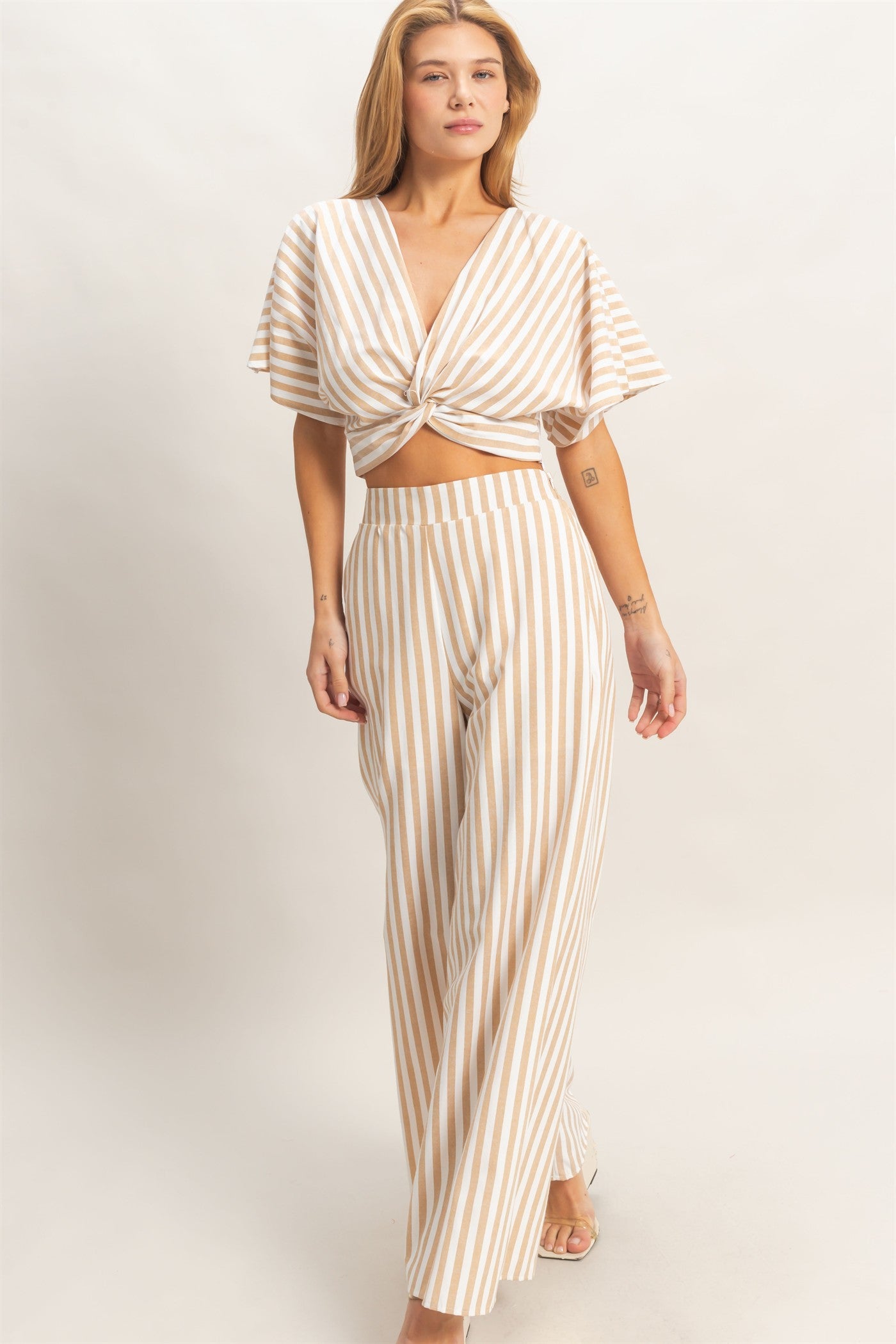 Wholesale Striped Twist Front Top & Pants Clothing HF26A692-SET TAUPE DOUBLE ZERO