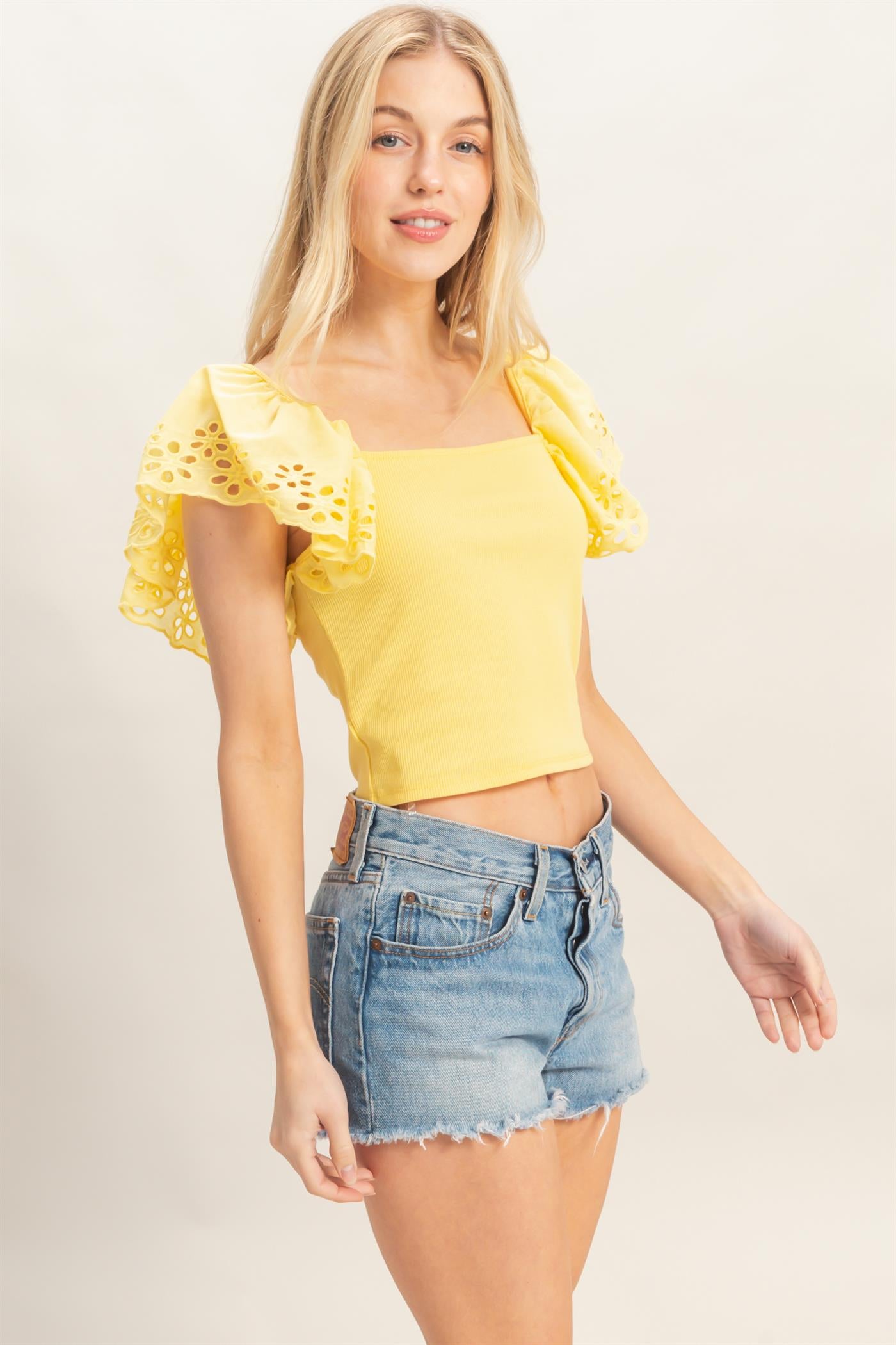 Wholesale Square Neck Eyelet Sleeve Top Clothing Tops HF26A623 YELLOW HYFVE