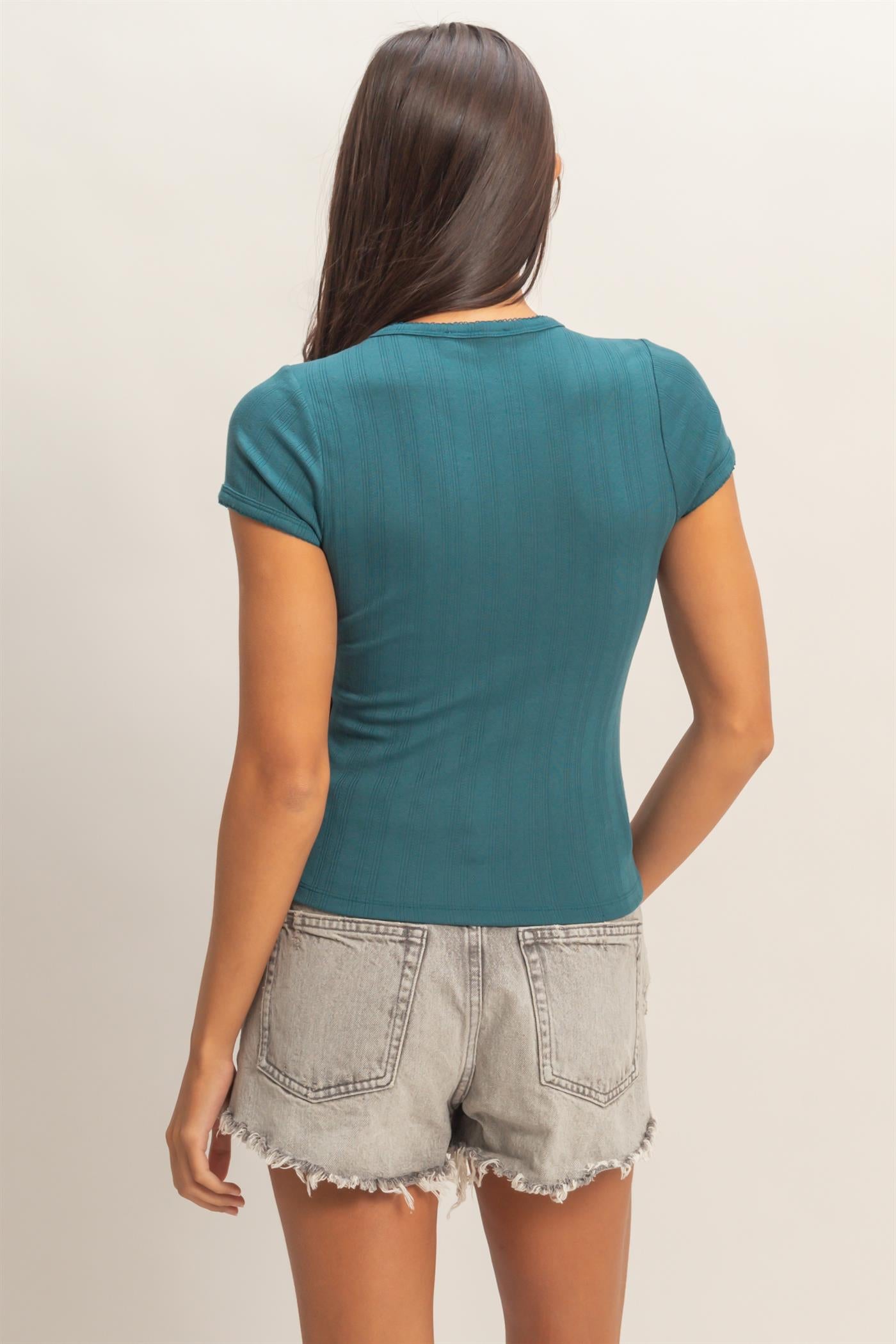 Wholesale Pointelle Short Sleeve Top Clothing Tops DZ26C285 DARK TEAL DOUBLE ZERO