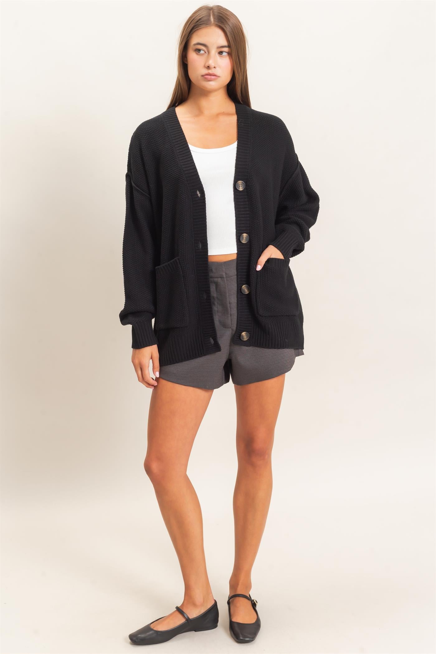 Wholesale Textured Oversized Knit Buttoned Cardigan Cardigans DZ26C971 BLACK DOUBLE ZERO