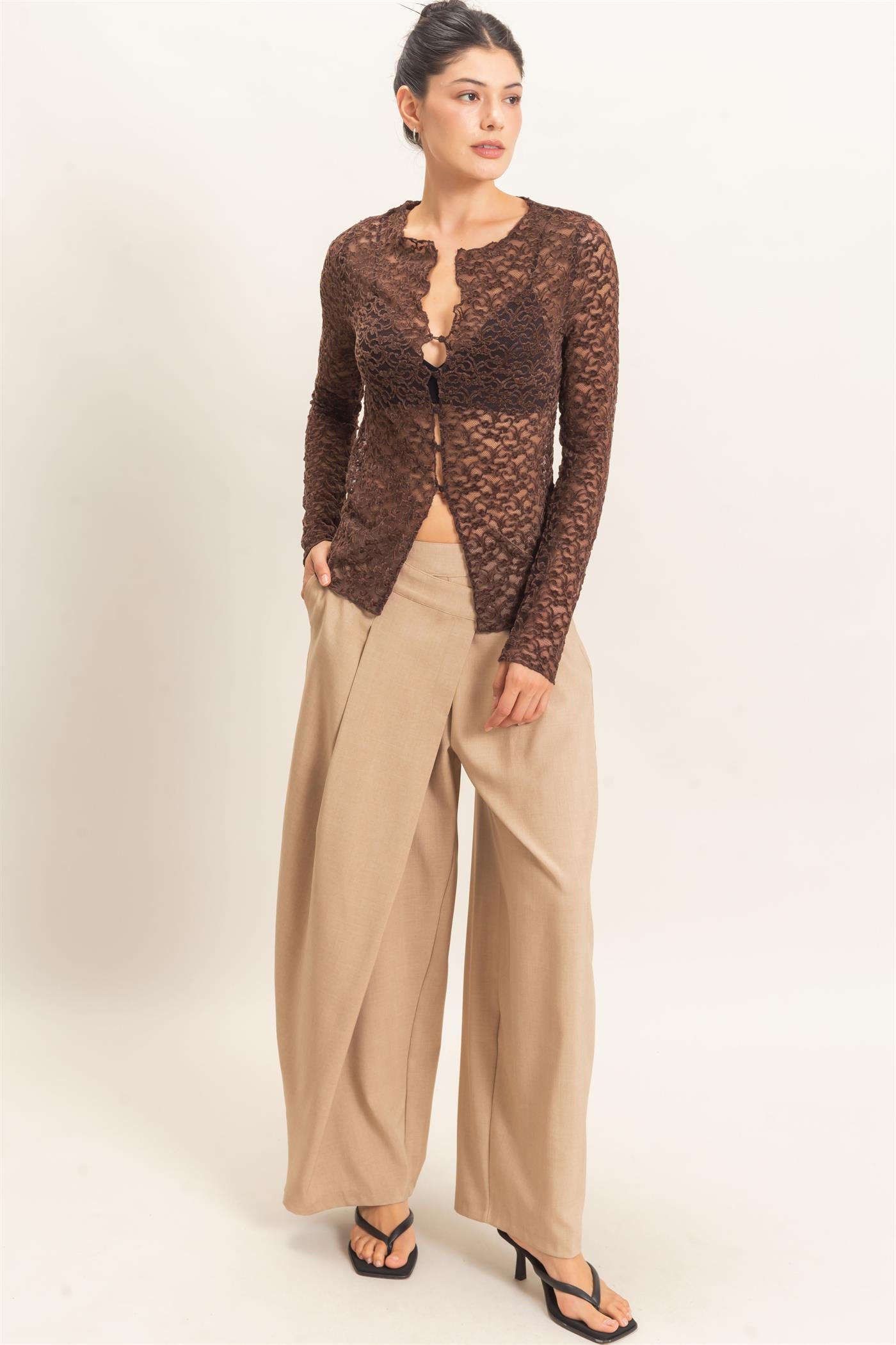Wholesale Flocked Lace Long Sleeve Cardigan Clothing Tops HF26E415 CHOCOLATE HYFVE