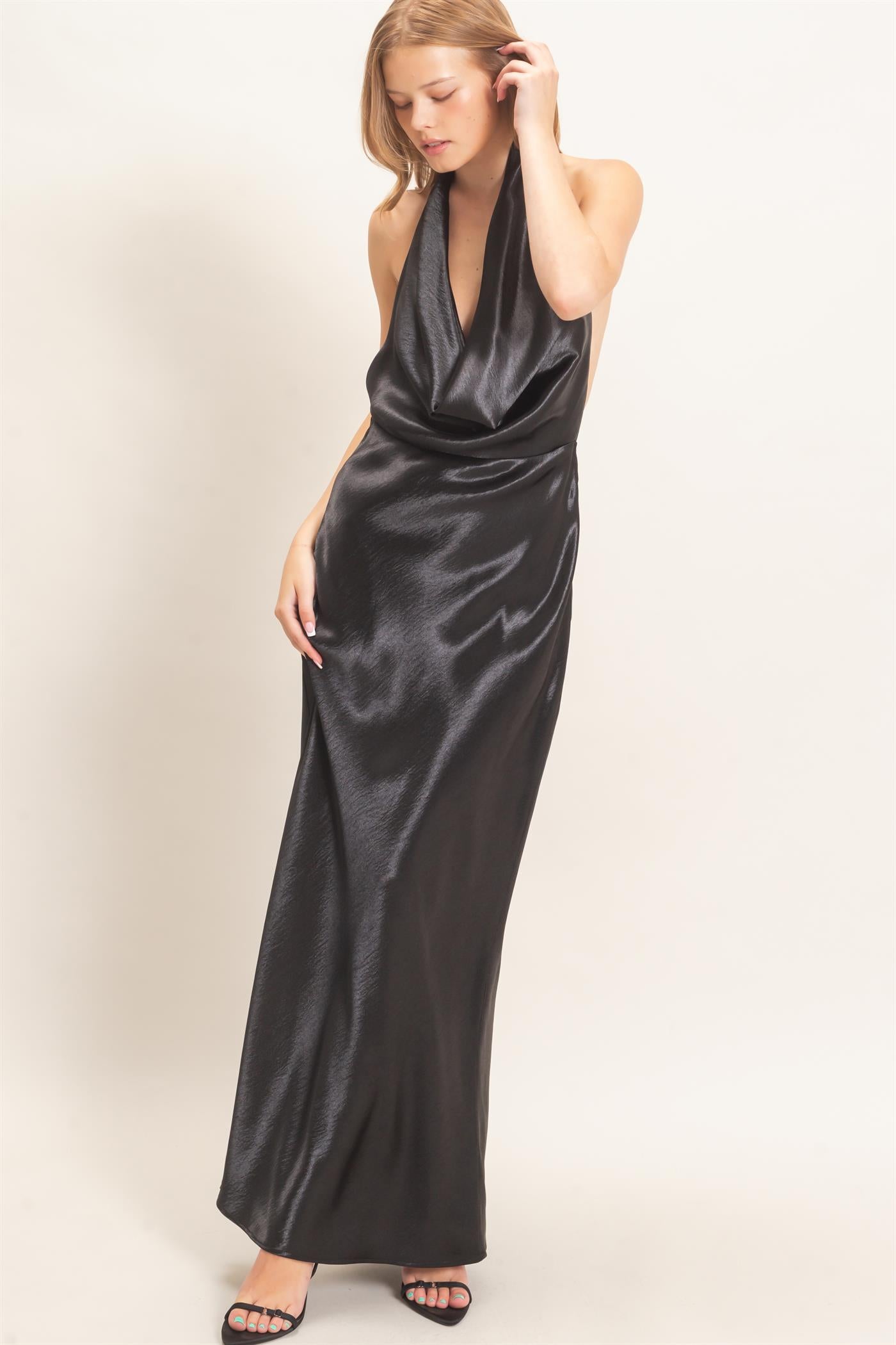 Wholesale Satin Cowl Neck Maxi Dress Dresses HF26F216-D BLACK HYFVE