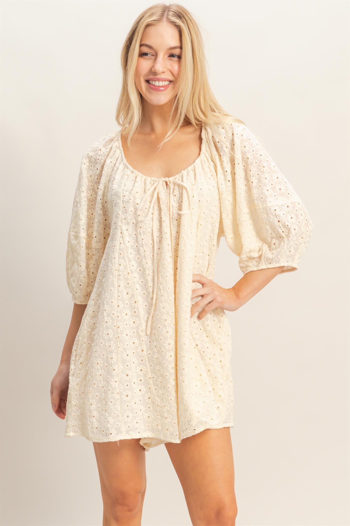 Wholesale Eyelet Babydoll Romper Clothing HF26A181 CREAM HYFVE