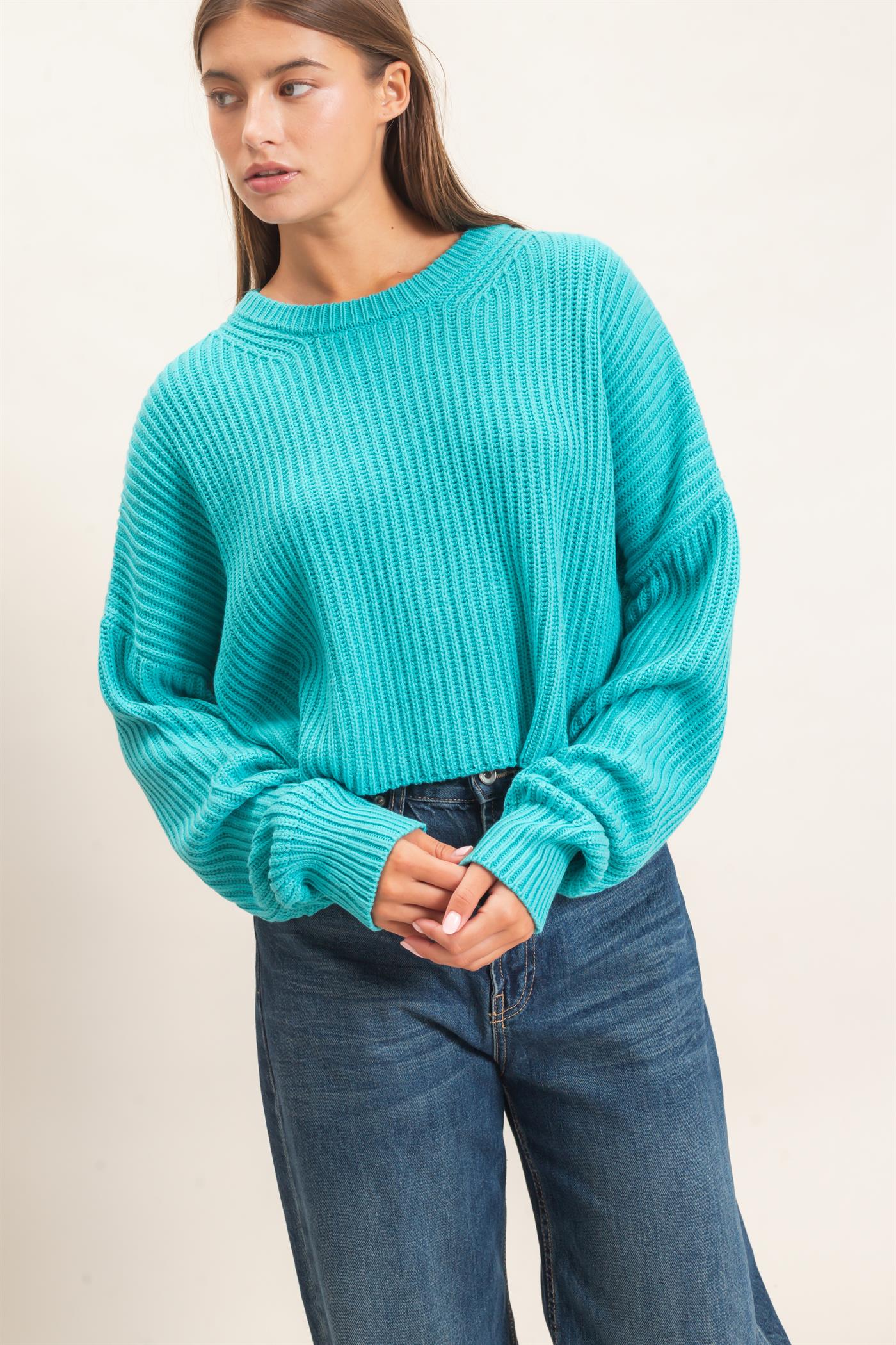 Wholesale Oversized Cropped Sweater Sweaters DZ26E252 TURQUOISE DOUBLE ZERO