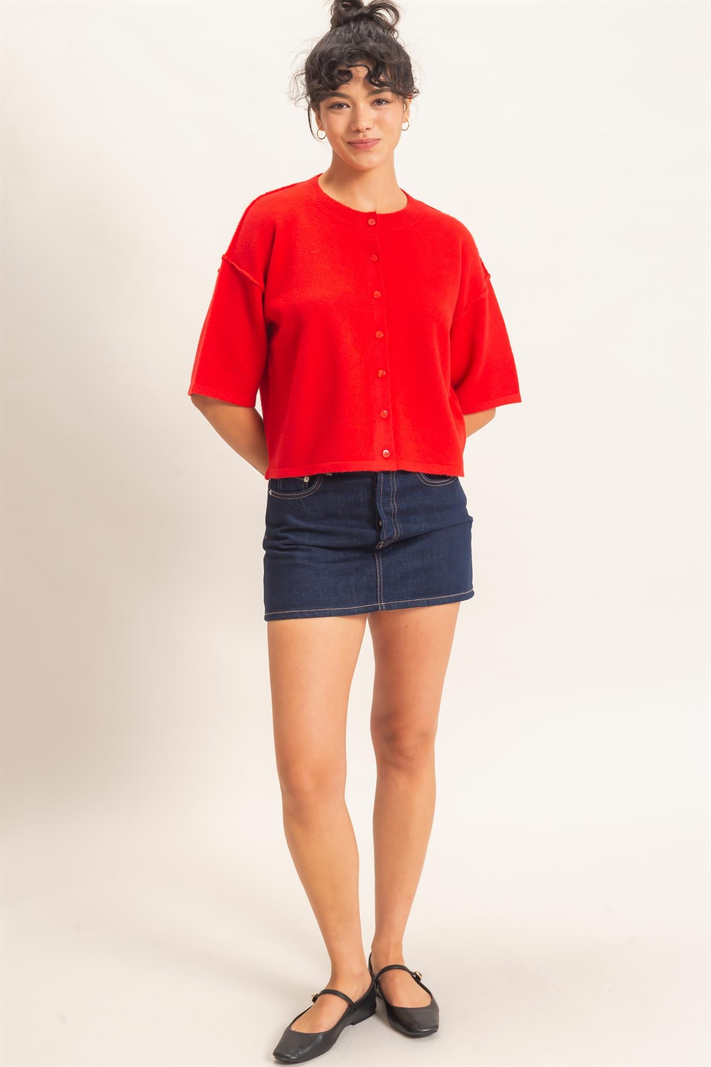 Wholesale Drop Shoulder Short Sleeve Cardigan Cardigans DZ26E238 RED DOUBLE ZERO