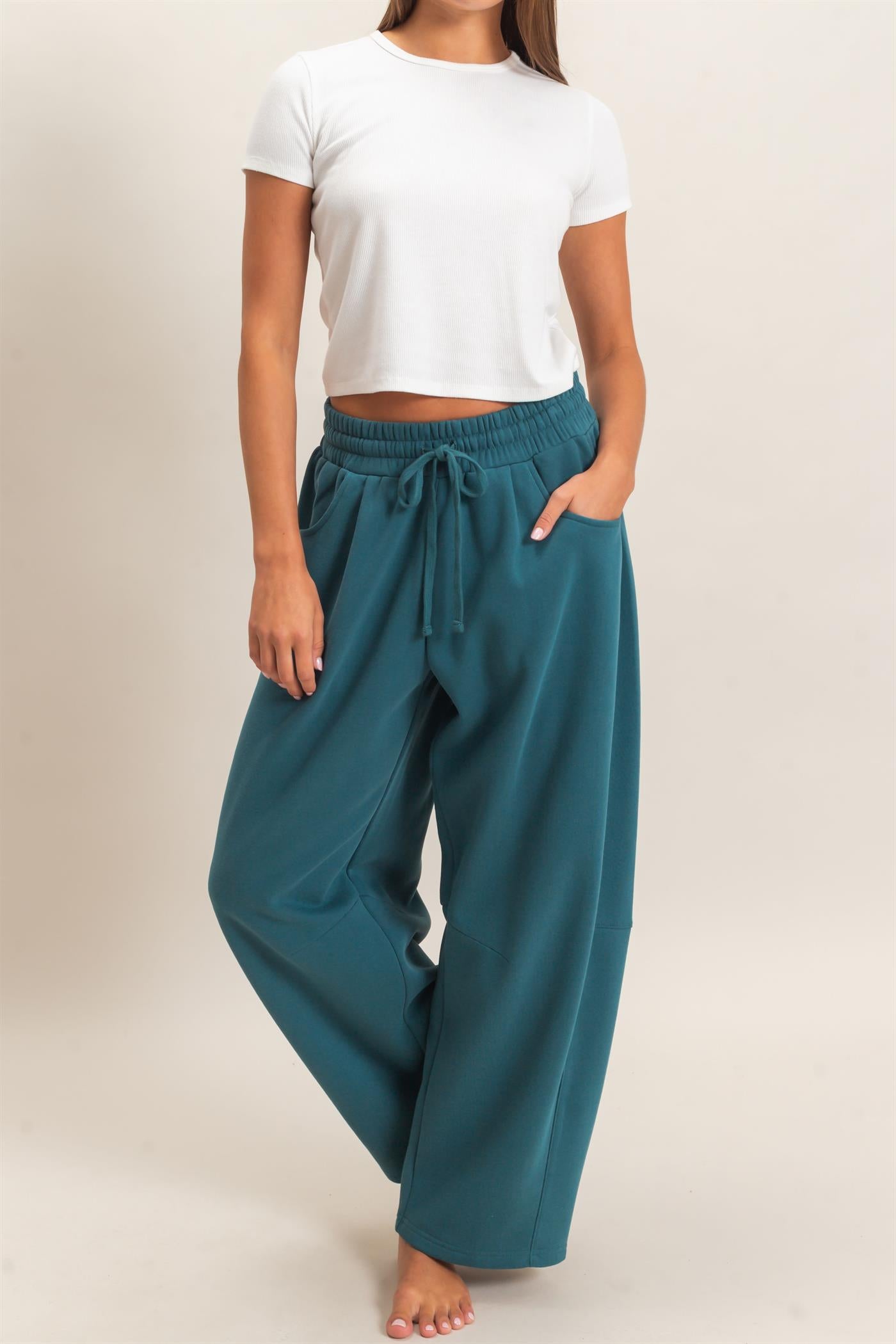 Wholesale Drawstring Waist Barrel Sweatpants Pants DZ26E290 DARK TEAL DOUBLE ZERO