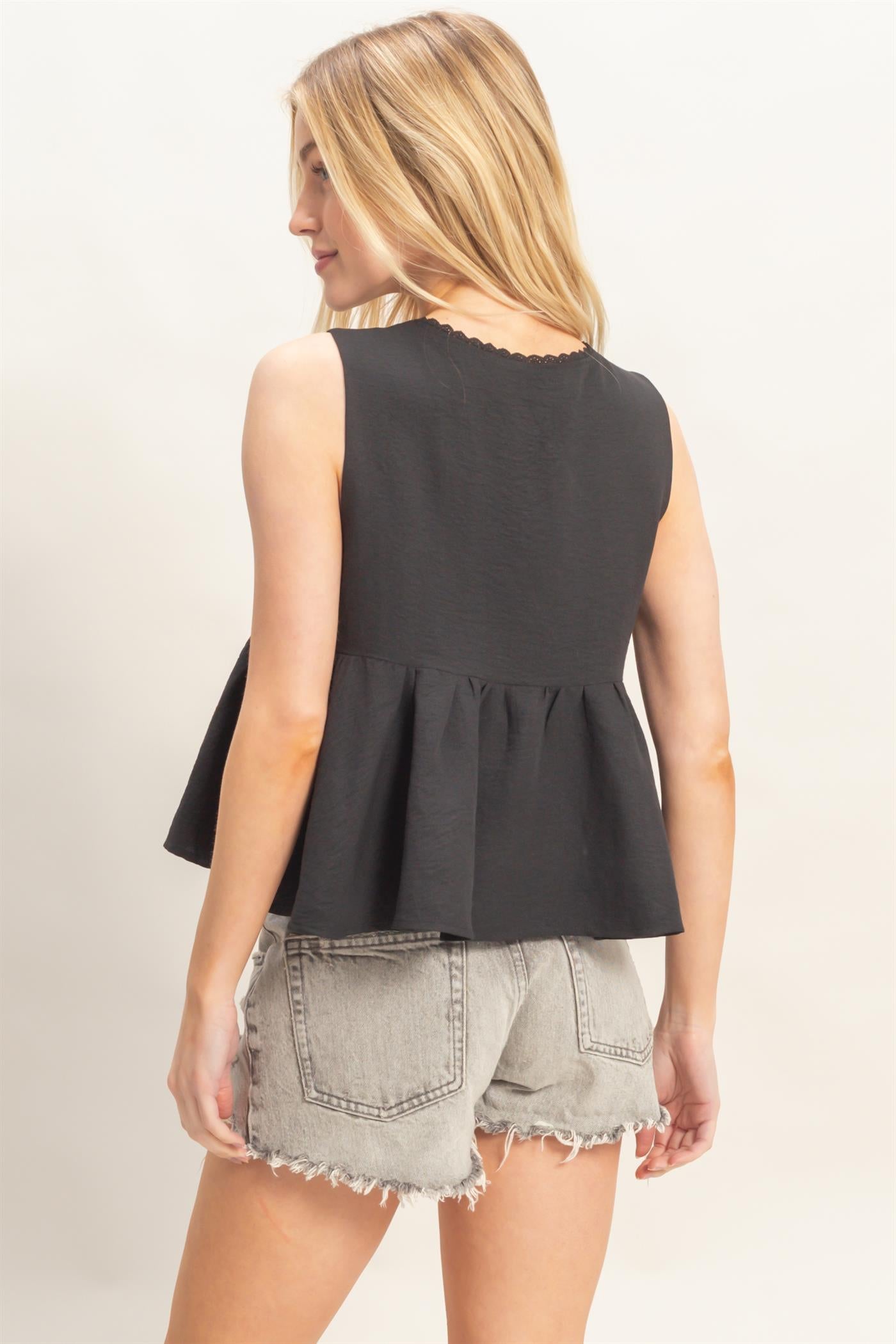 Wholesale Lace Trim Tie Front Top Clothing Tops HF26C100-D BLACK HYFVE