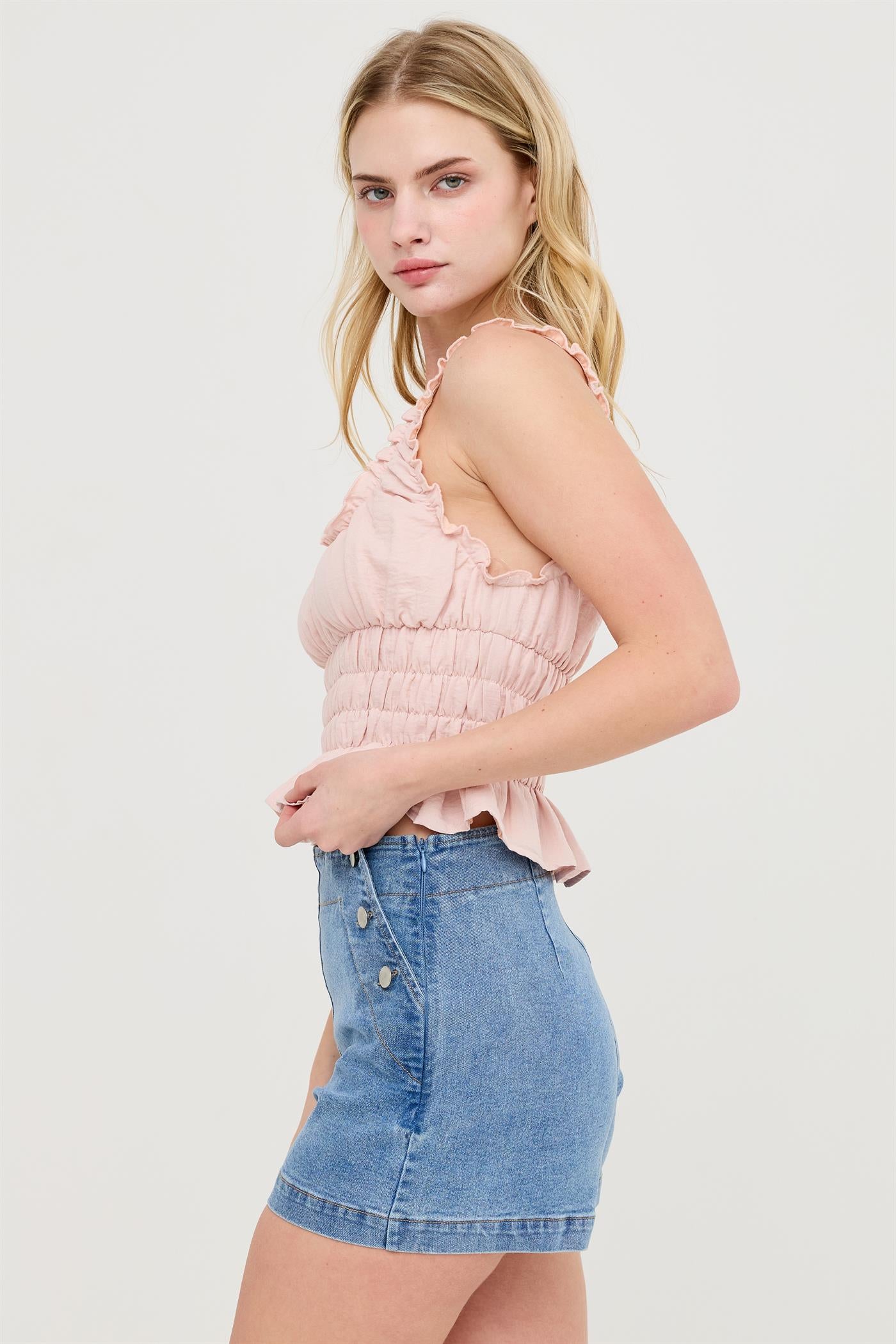 Wholesale Ruched Square Neck Smocked Top Clothing Tops HF26E388-D BLUSH HYFVE