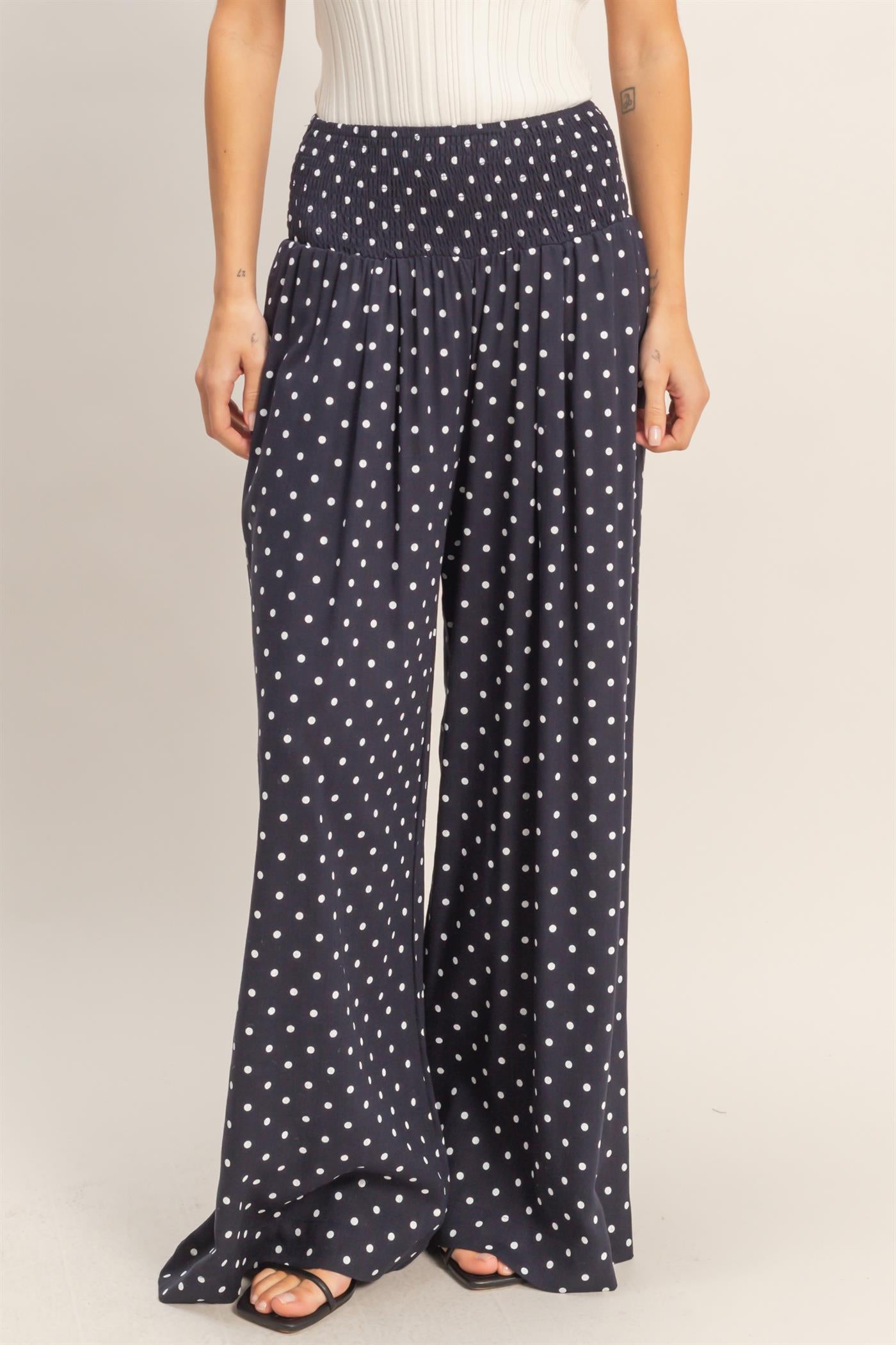 Wholesale Polka Dot Elastic Wide-Leg Pants Pants HF26C280 NAVY HYFVE