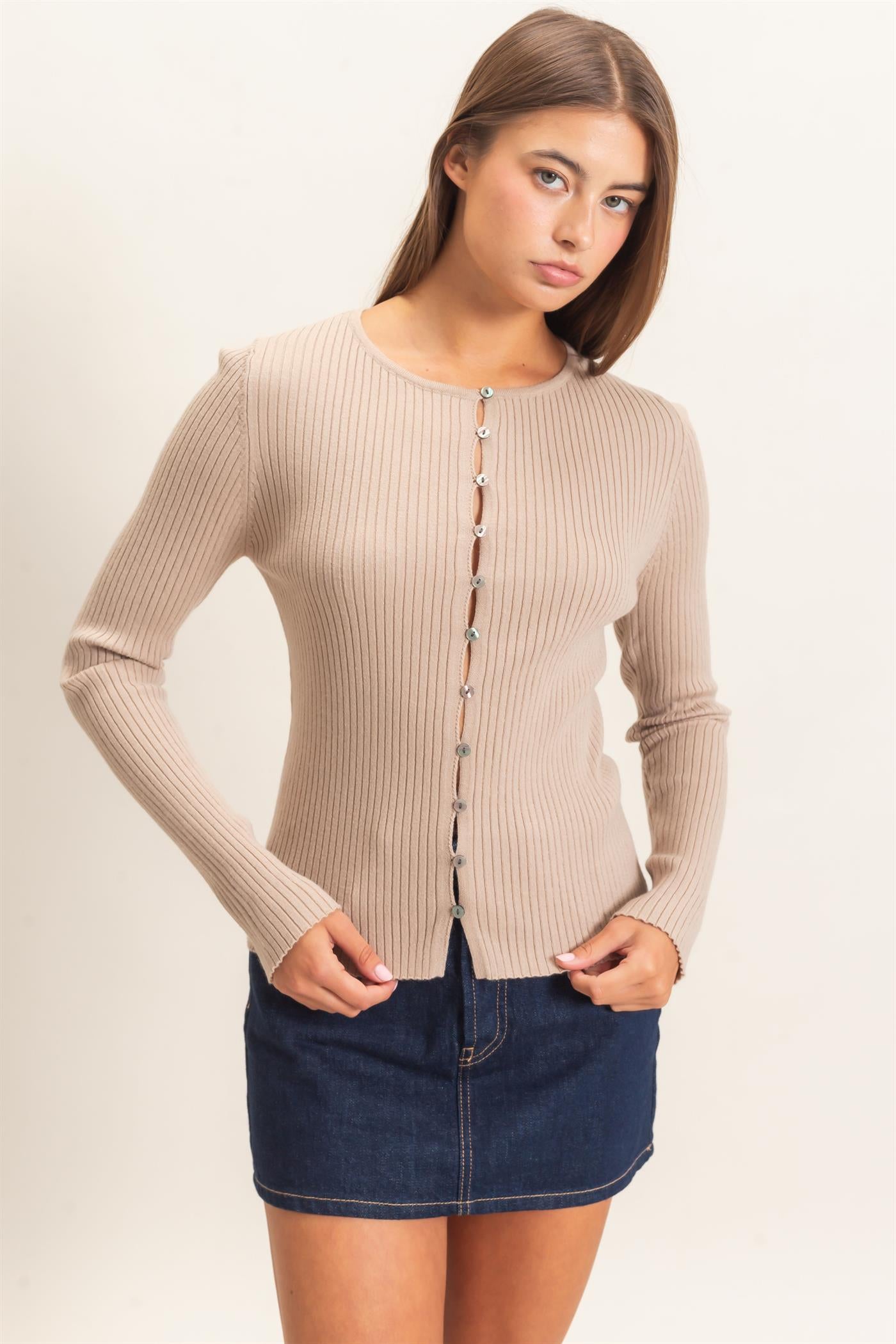 Wholesale Ribbed Button Front Cardigan Cardigans DZ26E322 TAUPE DOUBLE ZERO