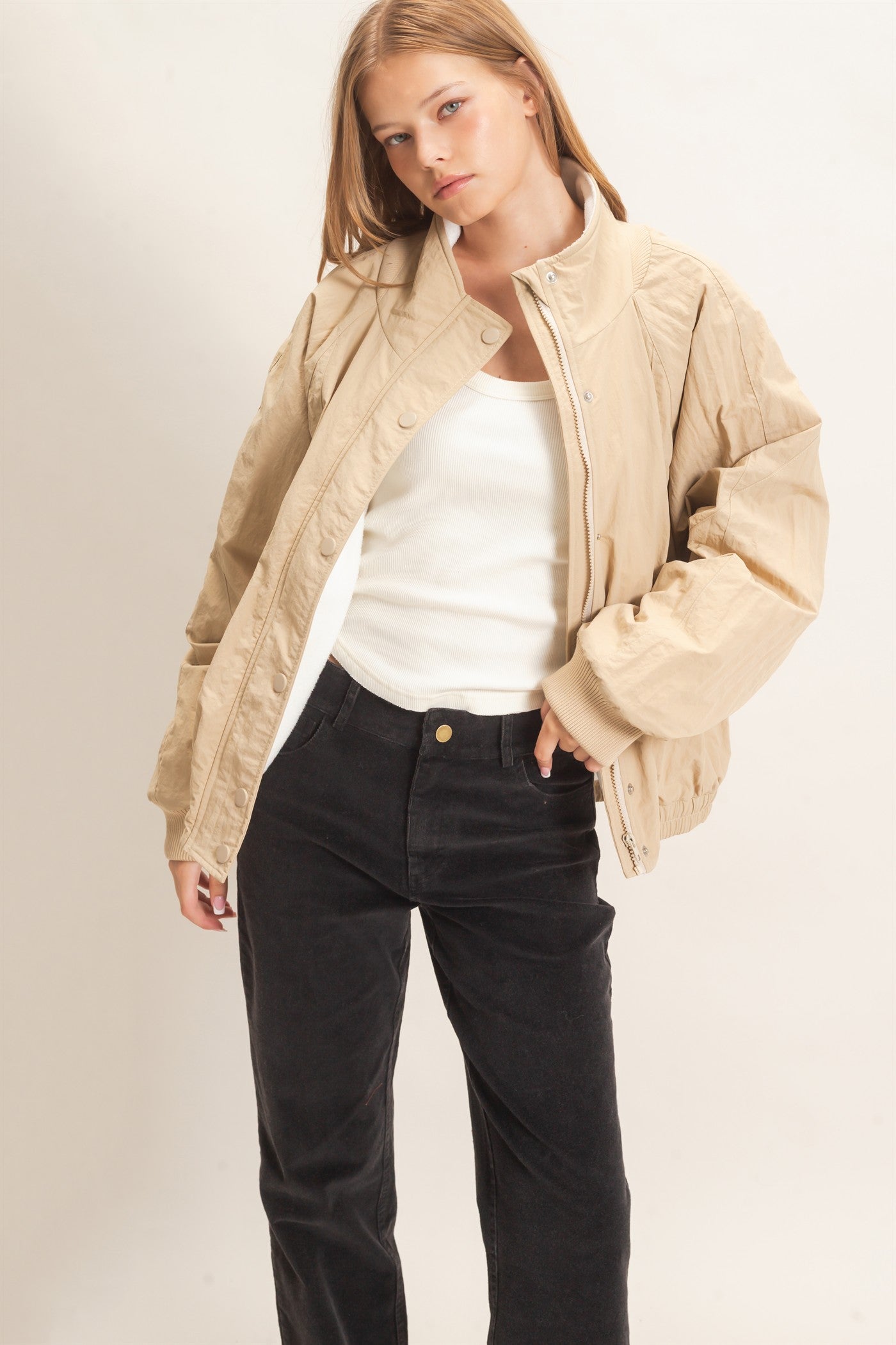 Wholesale Fleece-Lined Mock Neck Snap Jacket Coats & Jackets HF26C918 BEIGE HYFVE