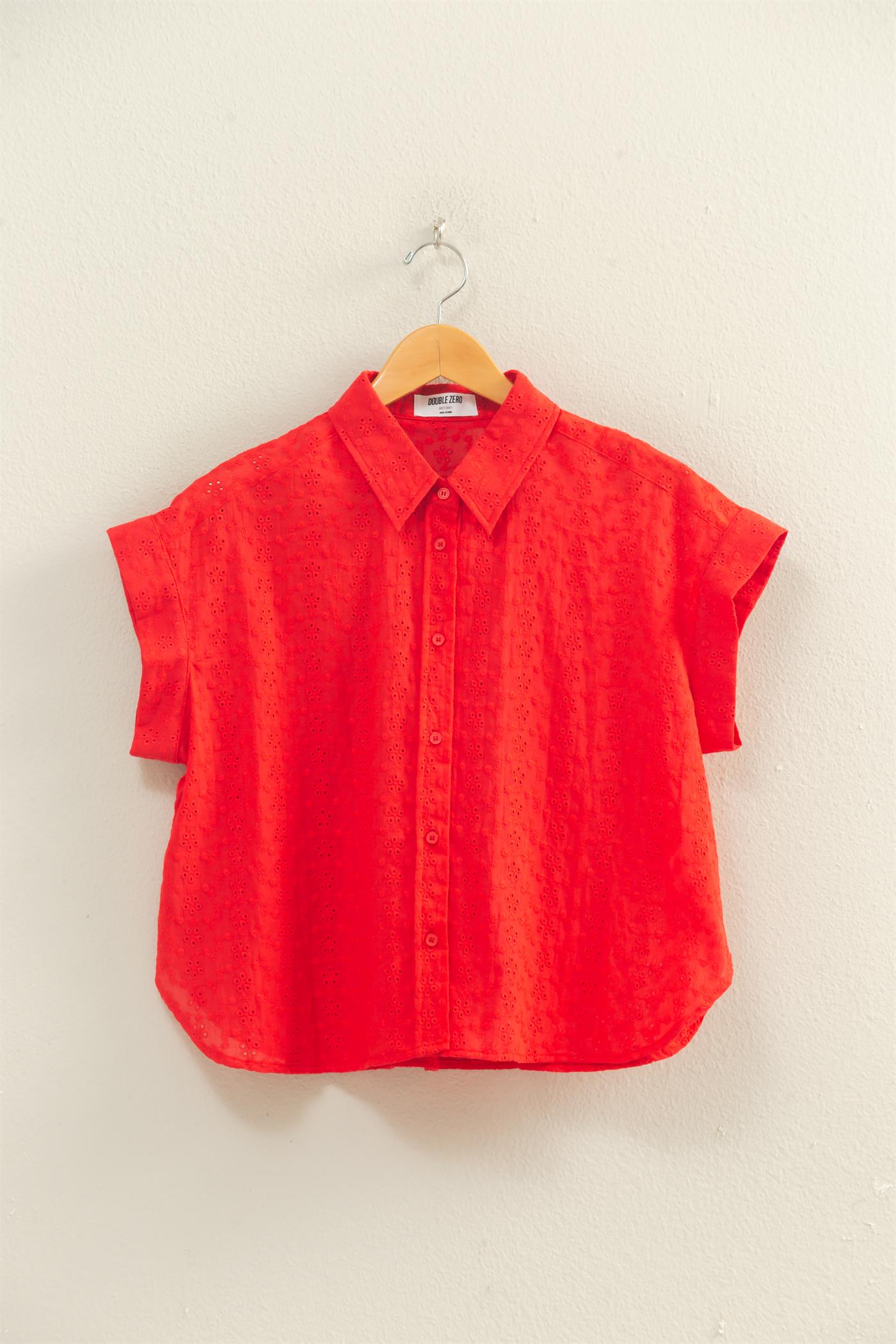 Wholesale Eyelet Dolman Short Sleeve Button Up Shirt Clothing Tops DZ26C088 RED DOUBLE ZERO
