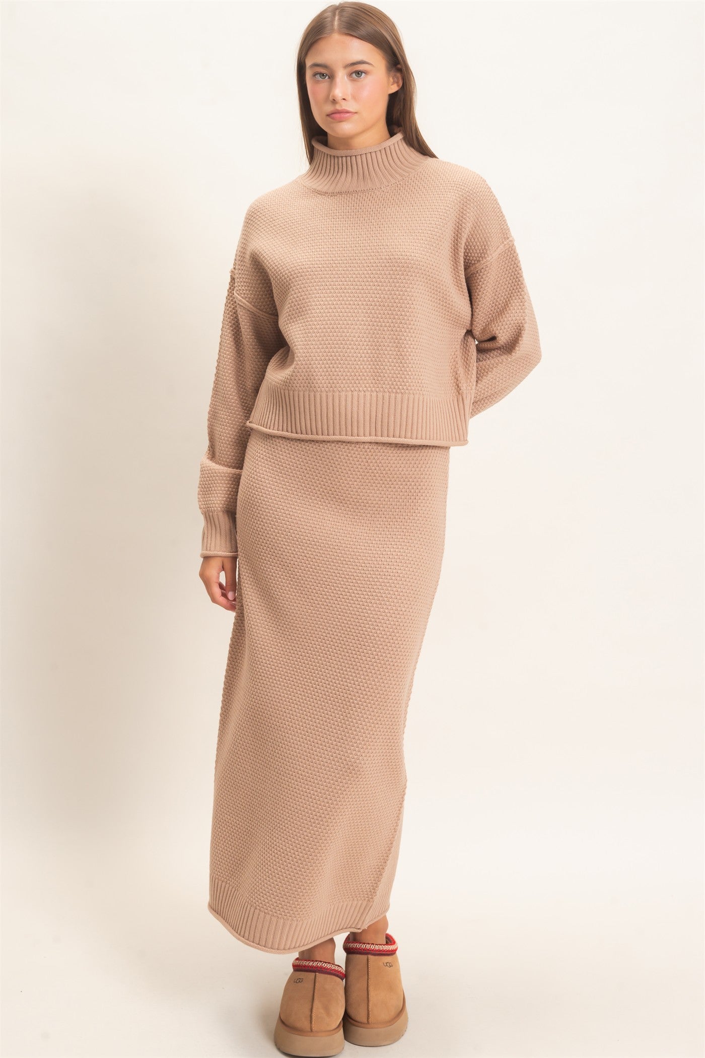 Wholesale High Neck Long Sleeve Top & Maxi Skirt Set Clothing DZ26E272-SET DARK TAUPE DOUBLE ZERO