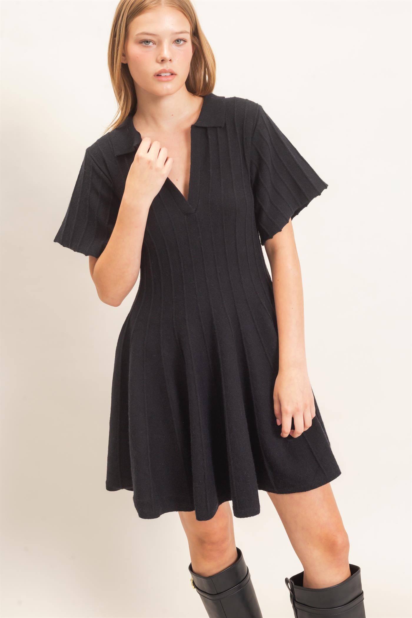 Wholesale Ribbed Knit Collared Dress Dresses HF26E365 BLACK HYFVE
