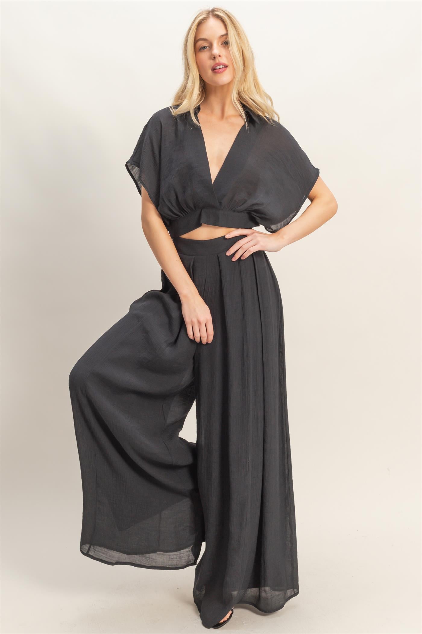 Wholesale Collared Wrap Top & Wide-Leg Pants Set Clothing HF26C286-SET-D BLACK HYFVE