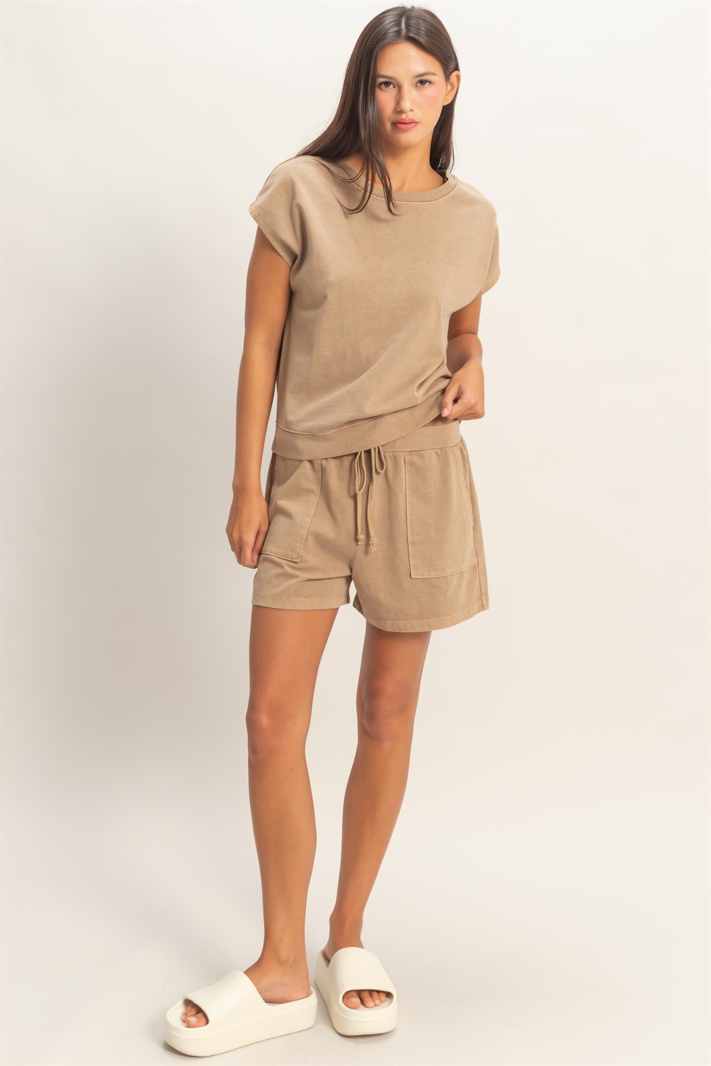 Wholesale Sleeveless Crew Neck Top and Shorts Set Clothing DZ26A028-SET MOCHA DOUBLE ZERO