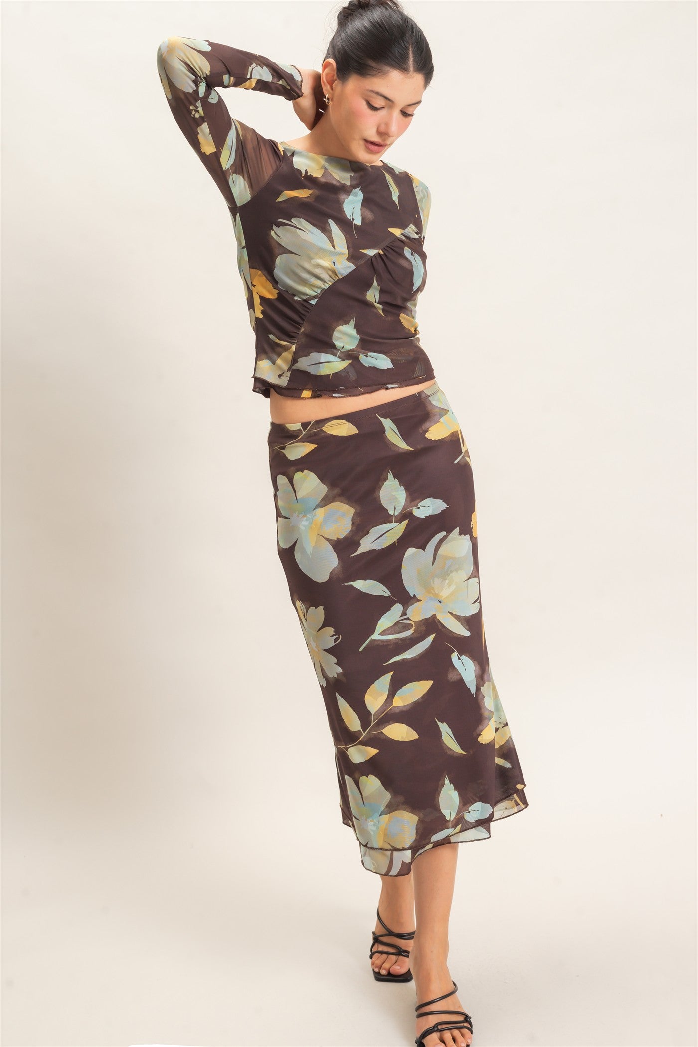 Wholesale Floral Mesh Top And Skirt Set Clothing HF26C933-SET BROWN HYFVE