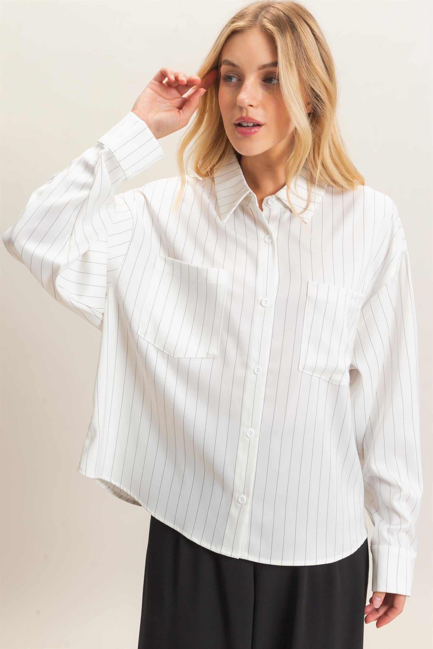 Wholesale Striped Button-Up Blouse Blouses HF26C953 WHITE HYFVE