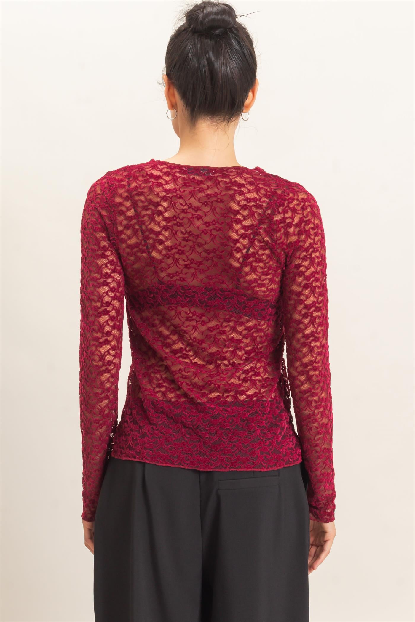Wholesale Flocked Lace Long Sleeve Cardigan Clothing Tops HF26E415 BURGUNDY HYFVE