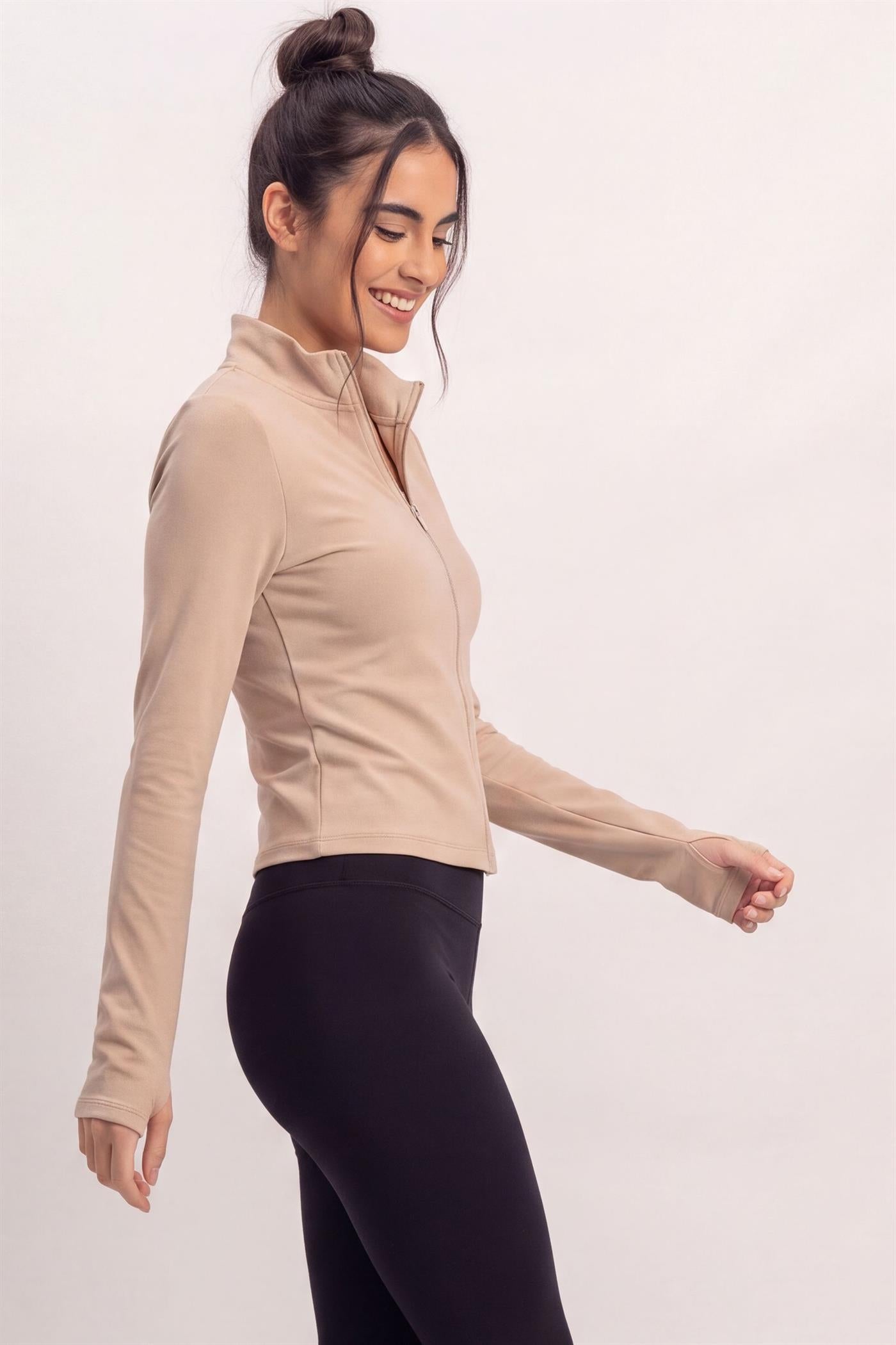 Wholesale Mock Neck Long Sleeve Zip Up Top Clothing Tops DZ26E911 TAUPE DOUBLE ZERO