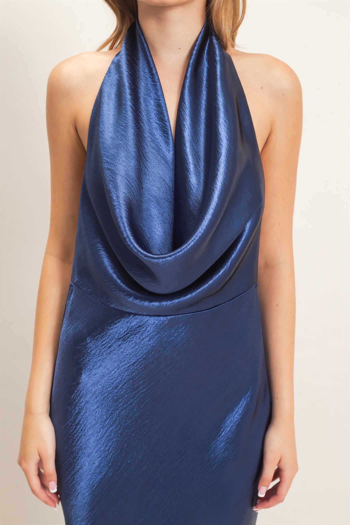 Wholesale Satin Cowl Neck Maxi Dress Dresses HF26F216-D NAVY HYFVE