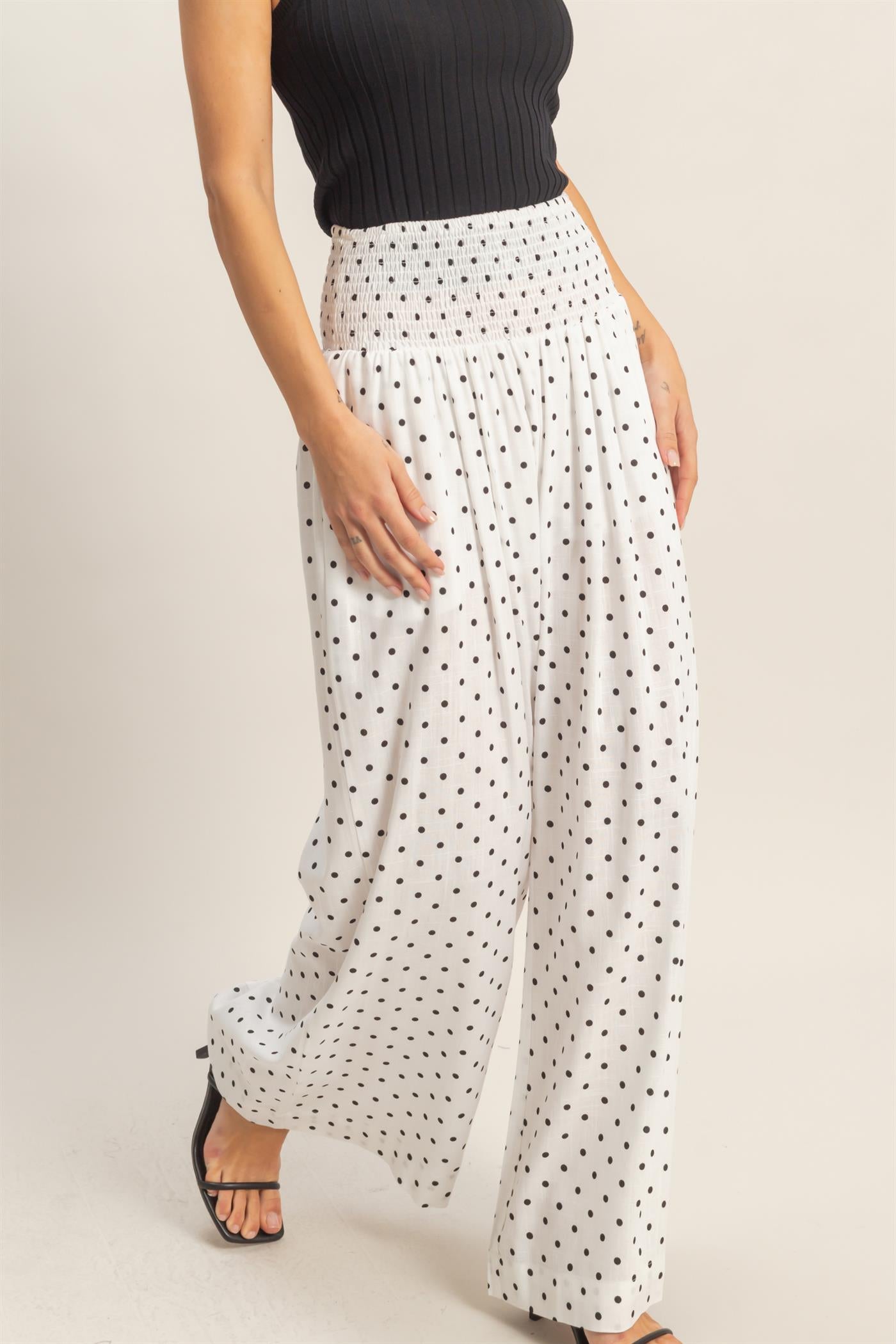 Wholesale Polka Dot Elastic Wide-Leg Pants Pants HF26C280 WHITE HYFVE
