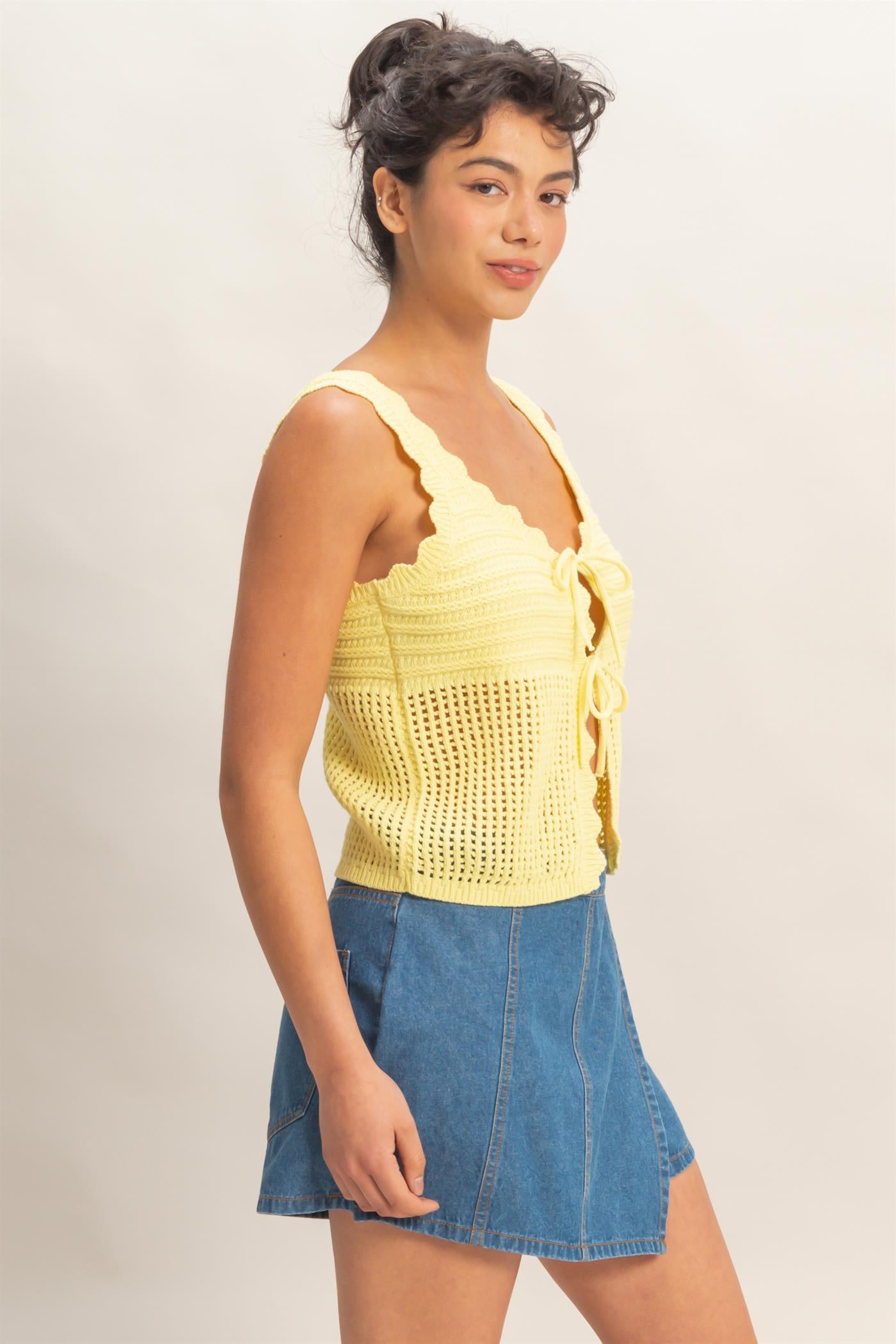 Wholesale Sleeveless Open Knit Double Tie-Front Vest Shirts DZ26A809 PALE YELLOW DOUBLE ZERO