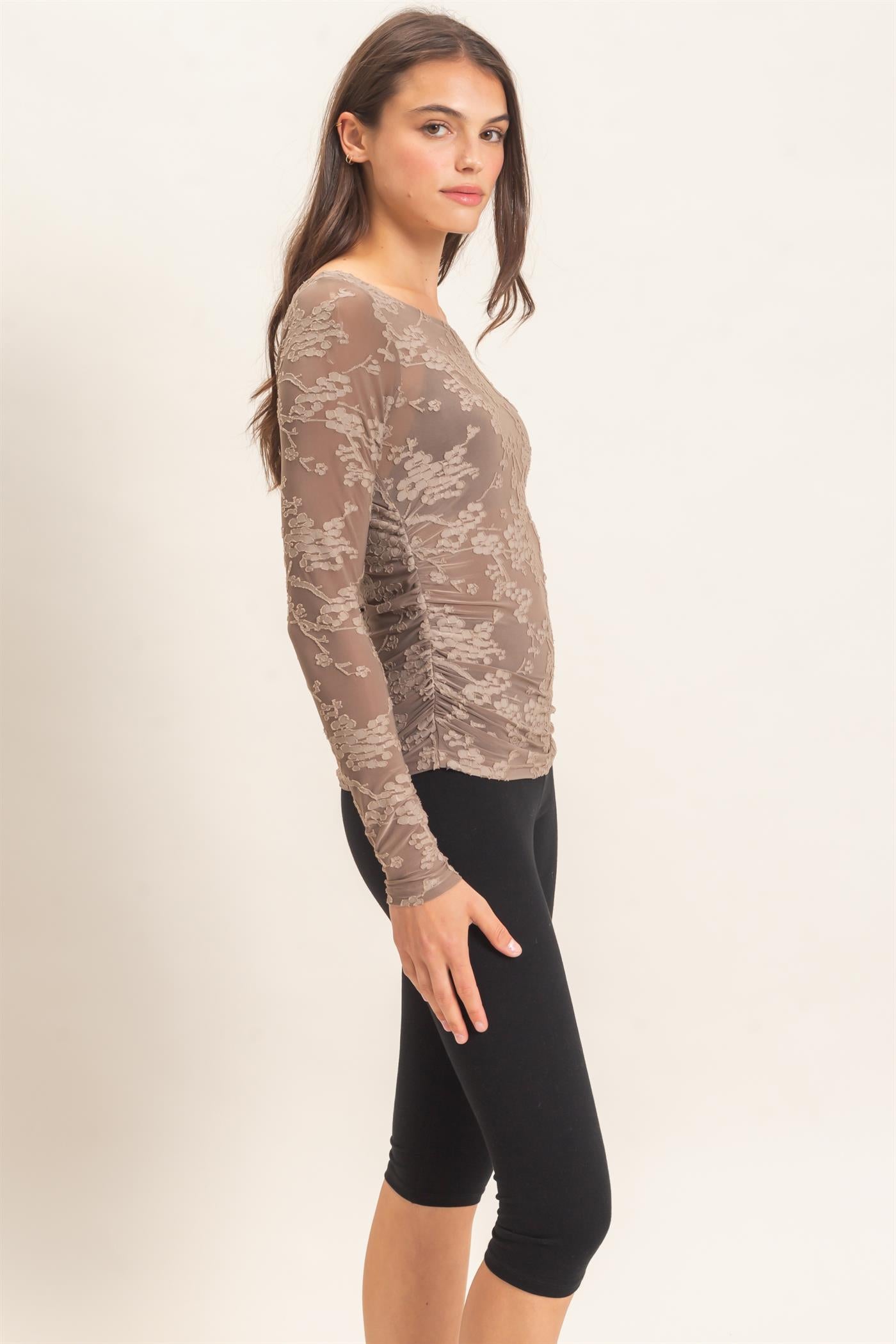 Wholesale Textured Mesh Off-Shoulder Top Blouses HF26F043 GRAY HYFVE