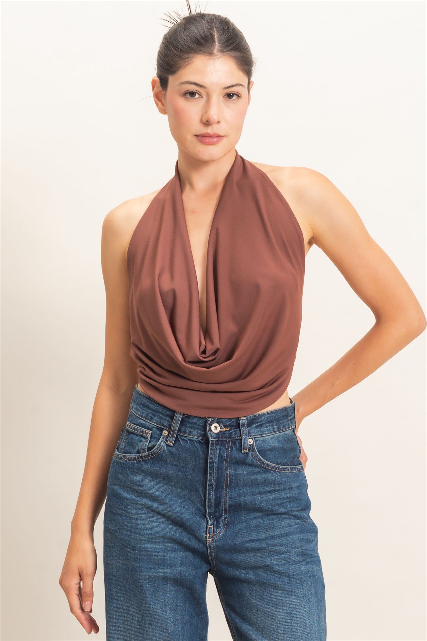 Wholesale Draped Halter Neck Top Blouses HF26F076 COCOA HYFVE