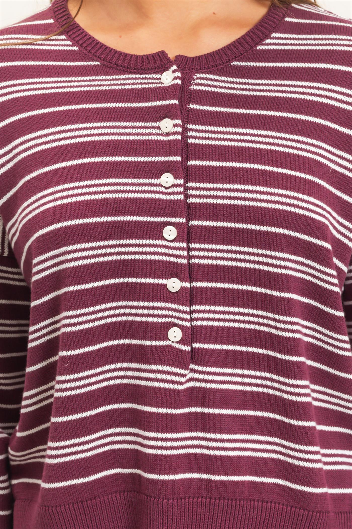Wholesale Striped Henley Sweater Sweaters DZ26E113 DARK CHERRY DOUBLE ZERO
