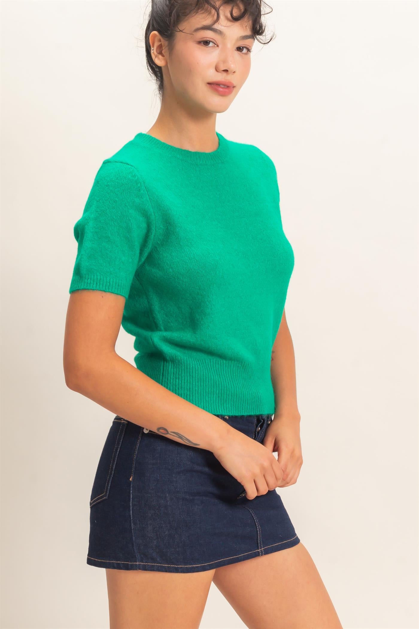 Wholesale Crew Neck Short Sleeve Knit Top Clothing Tops DZ26E944 EMERALD DOUBLE ZERO