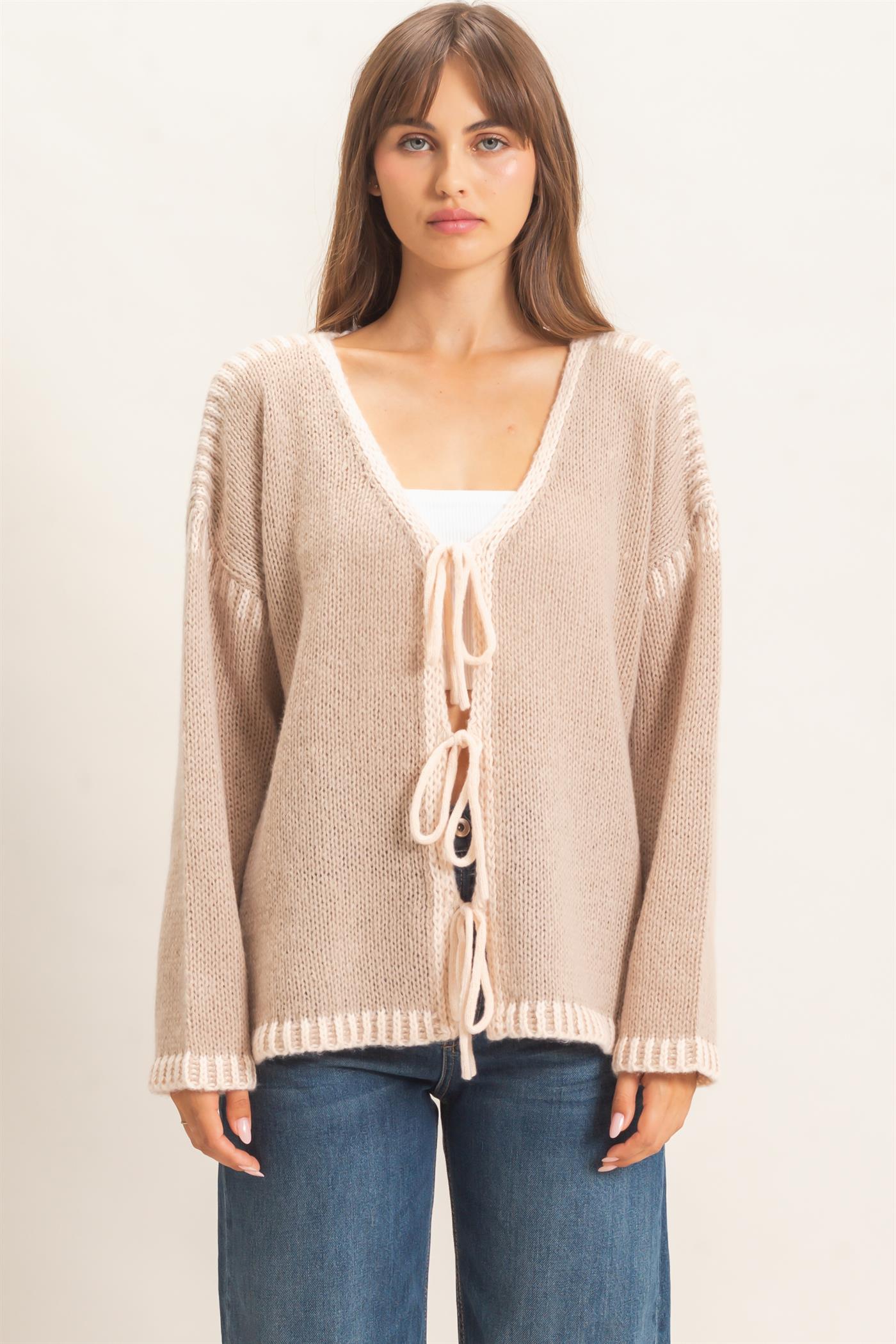 Wholesale Open Front Tie Cardigan Cardigans HF26F154 TAUPE HYFVE