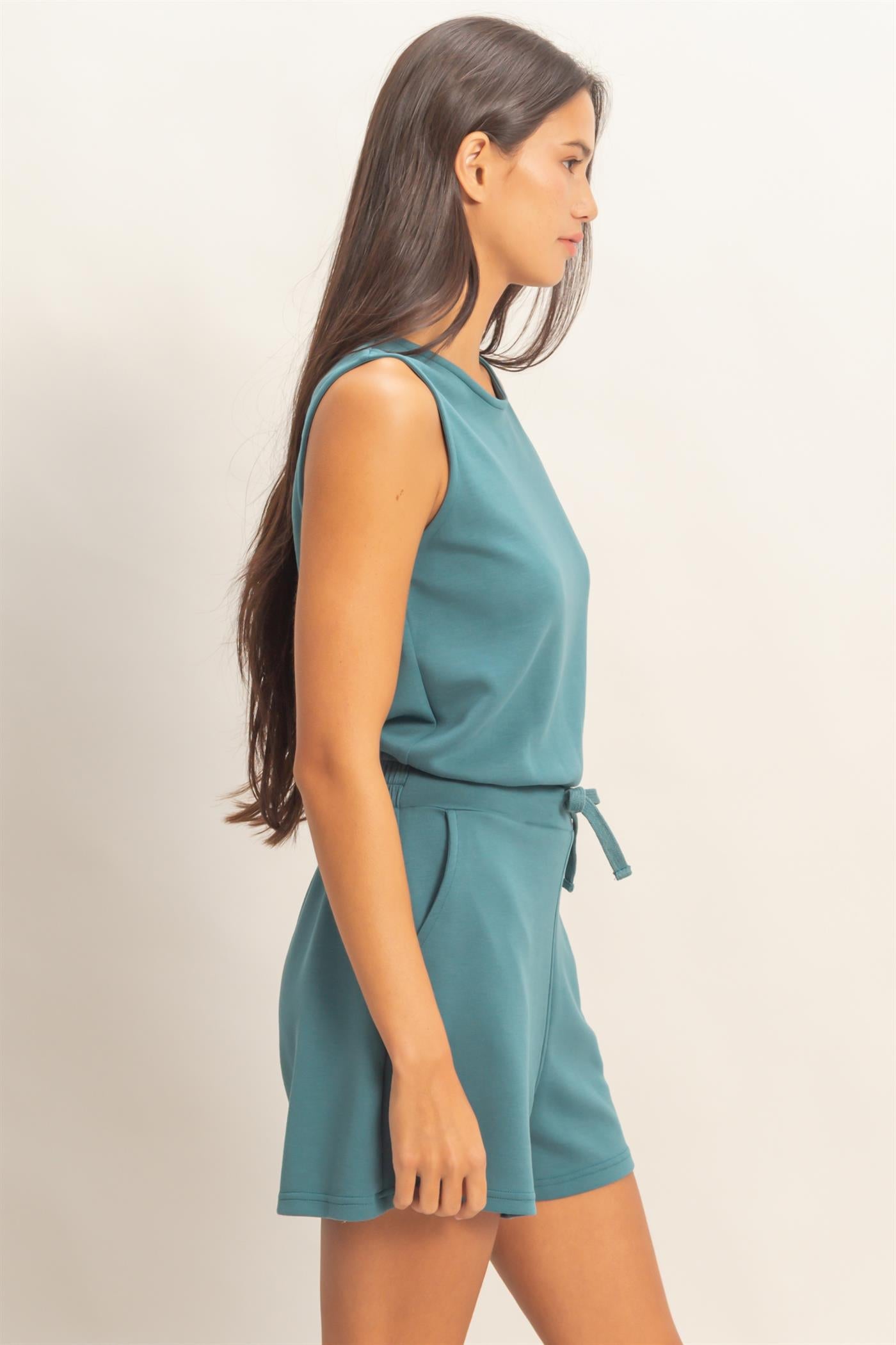Wholesale Drawstring Waist Sleeveless Romper Clothing DZ26C732 DARK TEAL DOUBLE ZERO