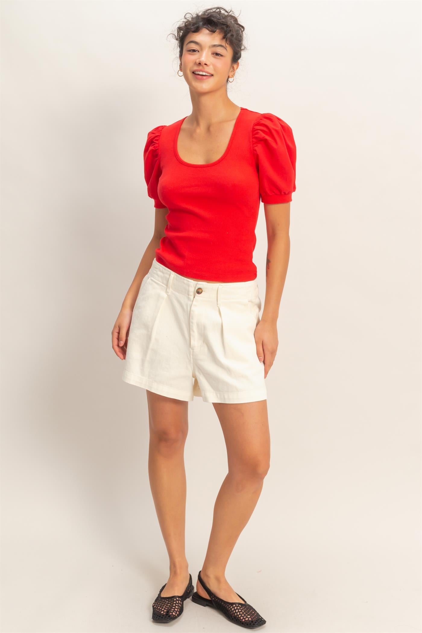 Wholesale Ribbed Puff Sleeve Scoop Neck Top Clothing Tops DZ26C071 RED DOUBLE ZERO