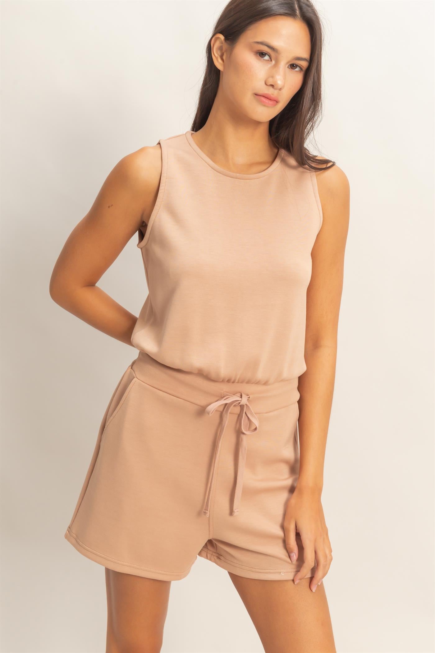 Wholesale Drawstring Waist Sleeveless Romper Clothing DZ26C732 DARK TAUPE DOUBLE ZERO