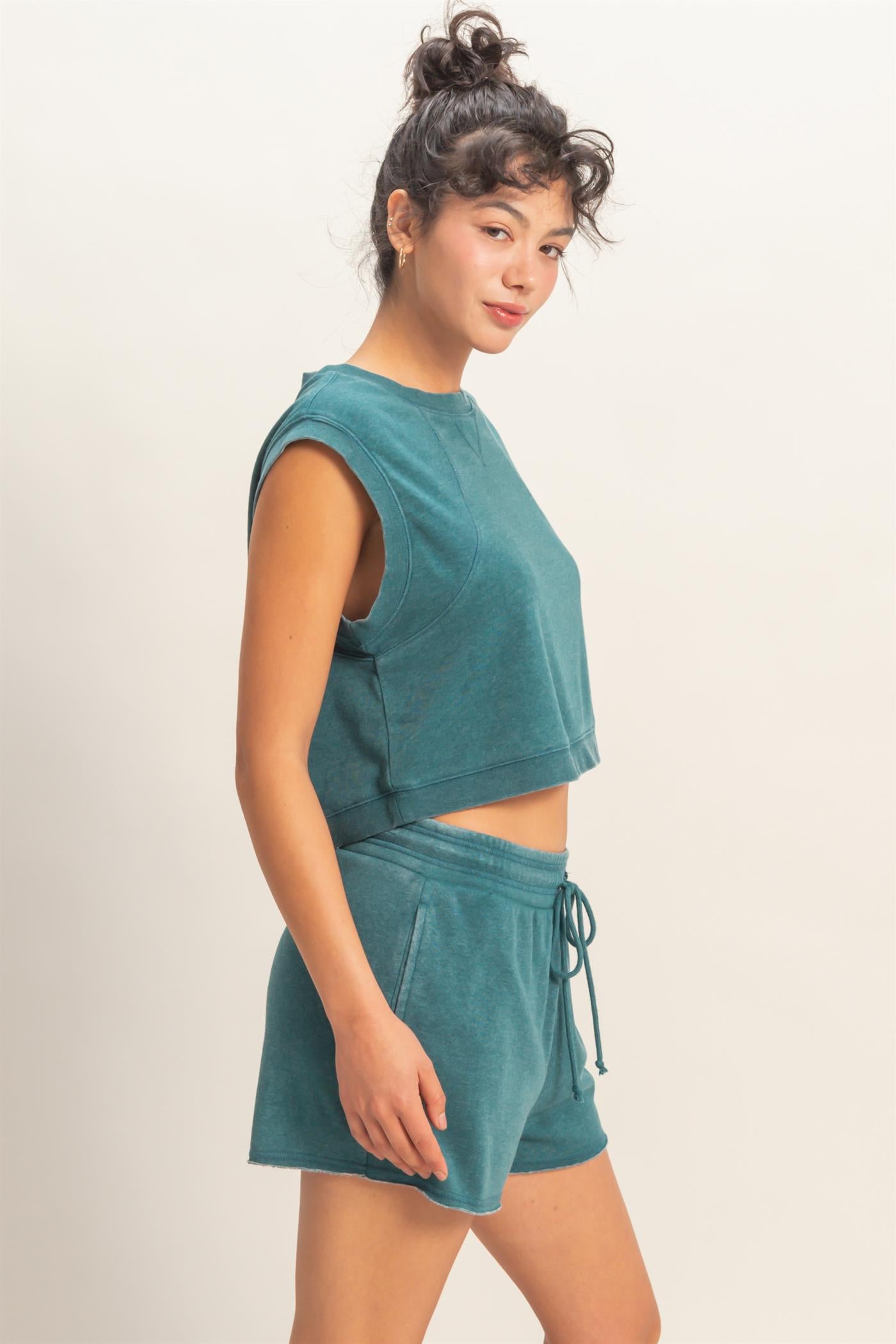 Wholesale Burnout French Terry Sleeveless Top & Shorts Set Clothing Tops DZ26A171-SET DARK TEAL DOUBLE ZERO