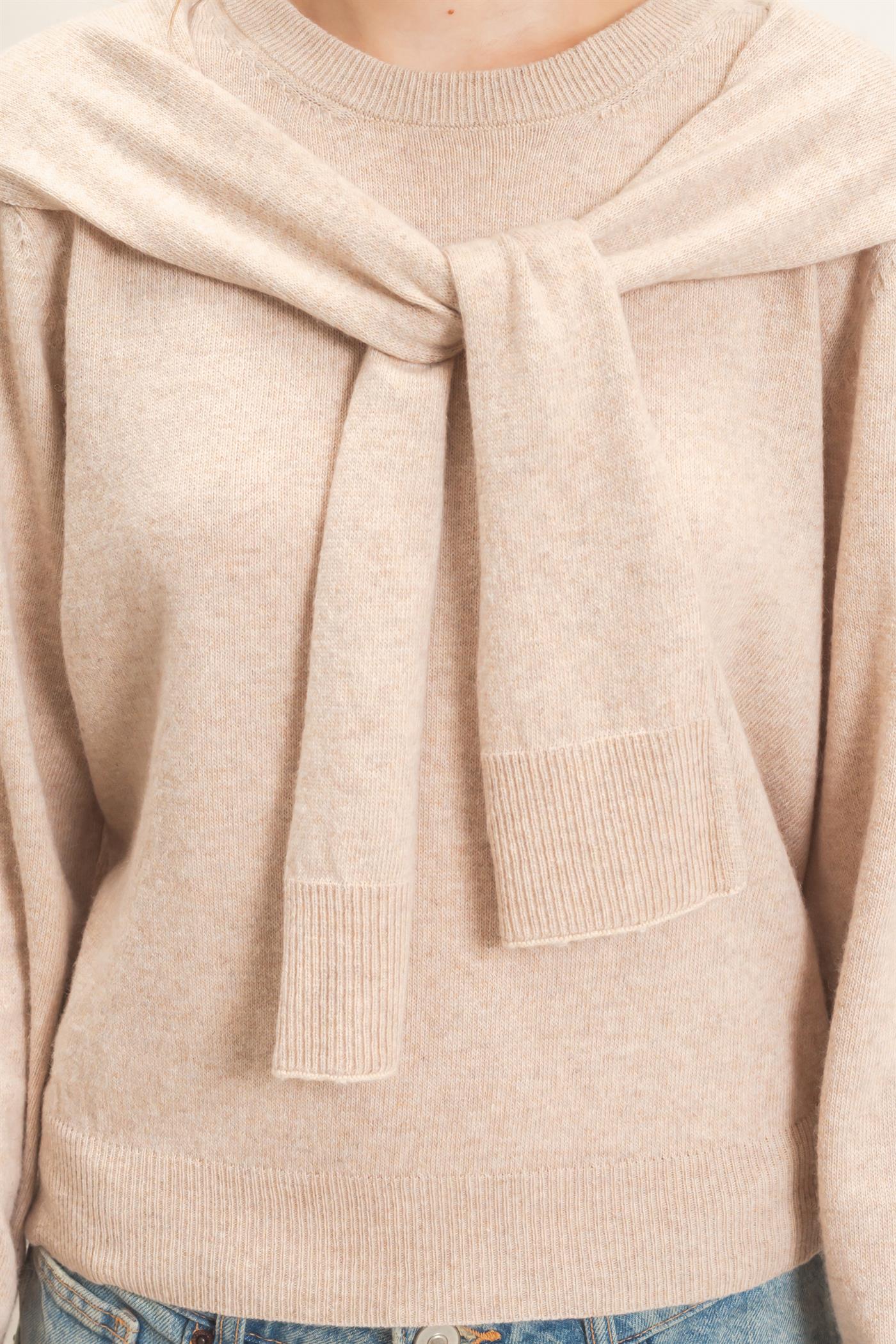 Wholesale Crew Neck Sweater With Faux Wrap Sweaters HF26E698 BEIGE HYFVE