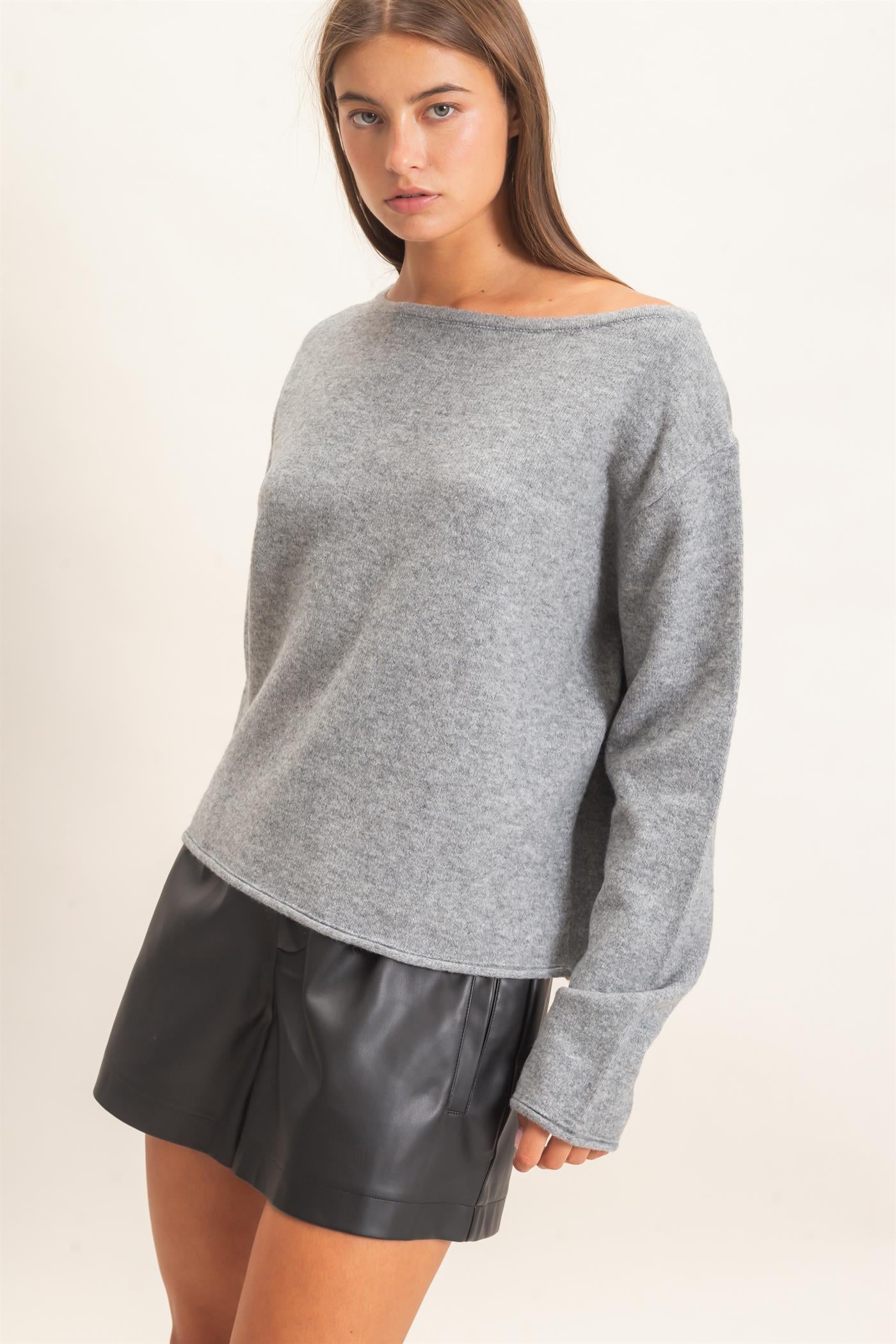 Wholesale Off The Shoulder Sweater Sweaters DZ26E652 HEATHER GRAY DOUBLE ZERO