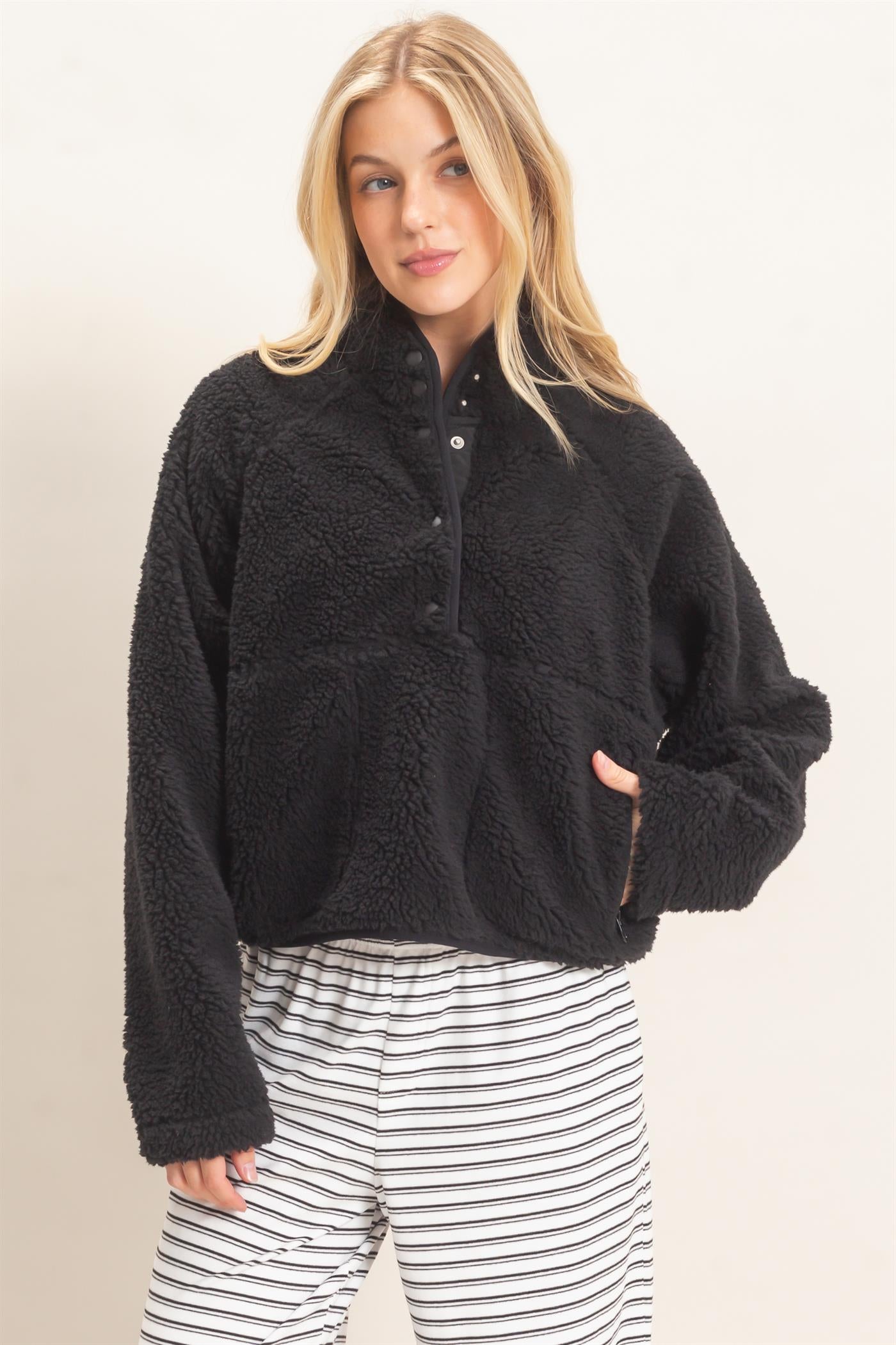 Wholesale Half-Zip Sherpa Jacket Sweatshirts HF26F130-D BLACK HYFVE