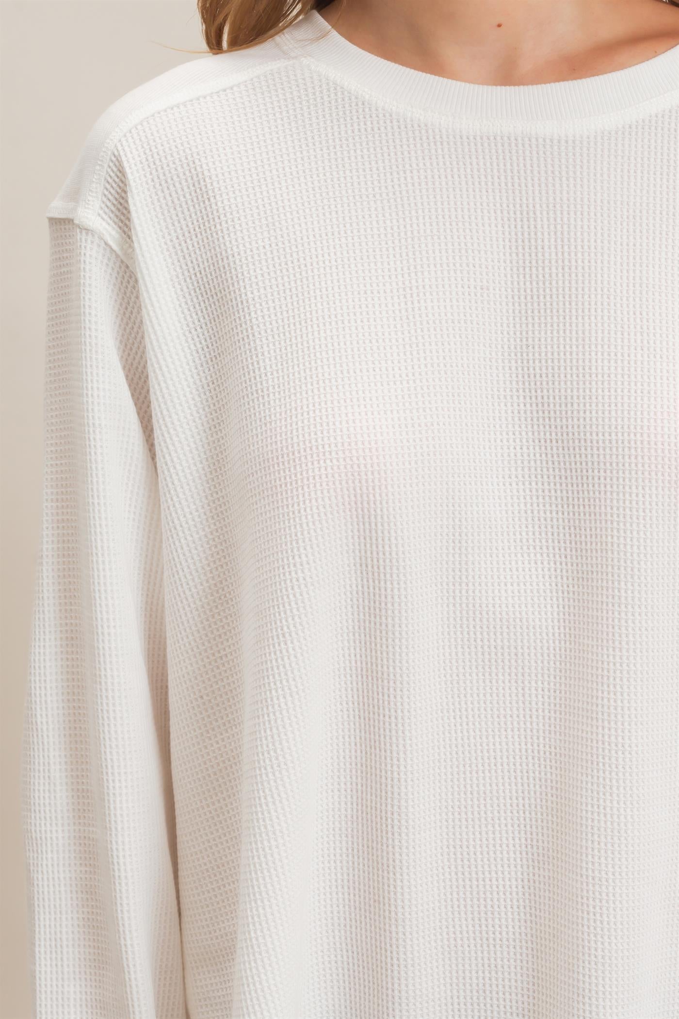 Wholesale Waffle Knit Crew Neck Top Clothing Tops HF26E078 OFF WHITE HYFVE