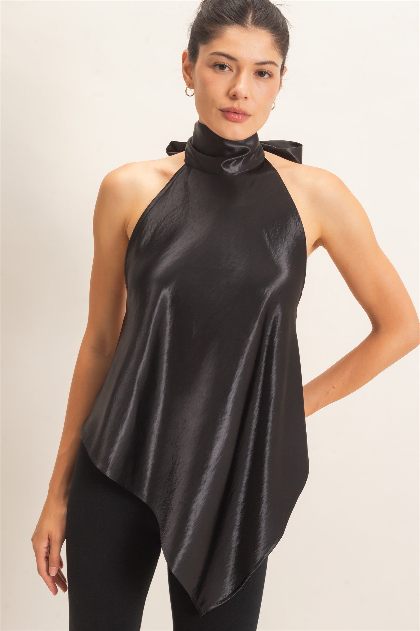 Wholesale Asymmetrical Satin Halter Top Blouses HF26F114 BLACK HYFVE