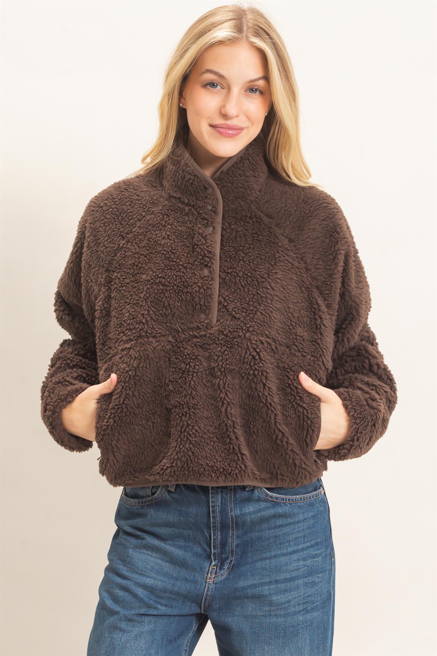 Wholesale Half-Zip Sherpa Jacket Sweatshirts HF26F130-D BROWN HYFVE