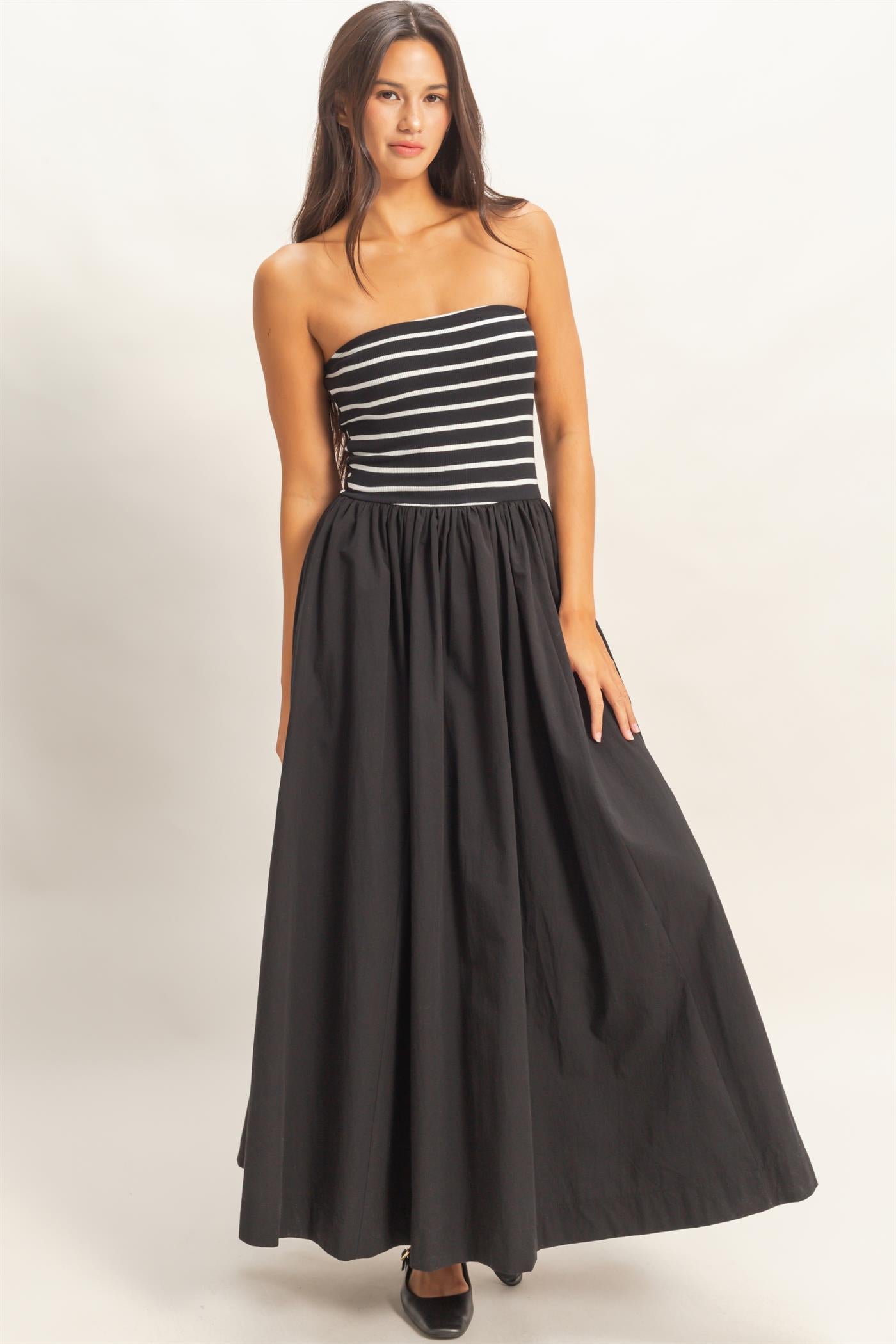 Wholesale Striped Strapless Flowy Midi Dress Dresses DZ26C169 BLACK DOUBLE ZERO